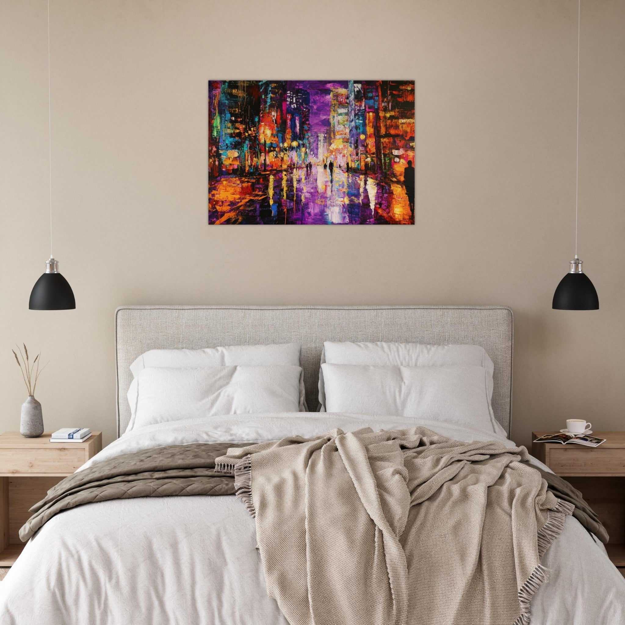 Canvas Landscape - A cityscape bathed in the dim glow of streetligh - Shop Ai Art WebShop - Digital Art online Store
