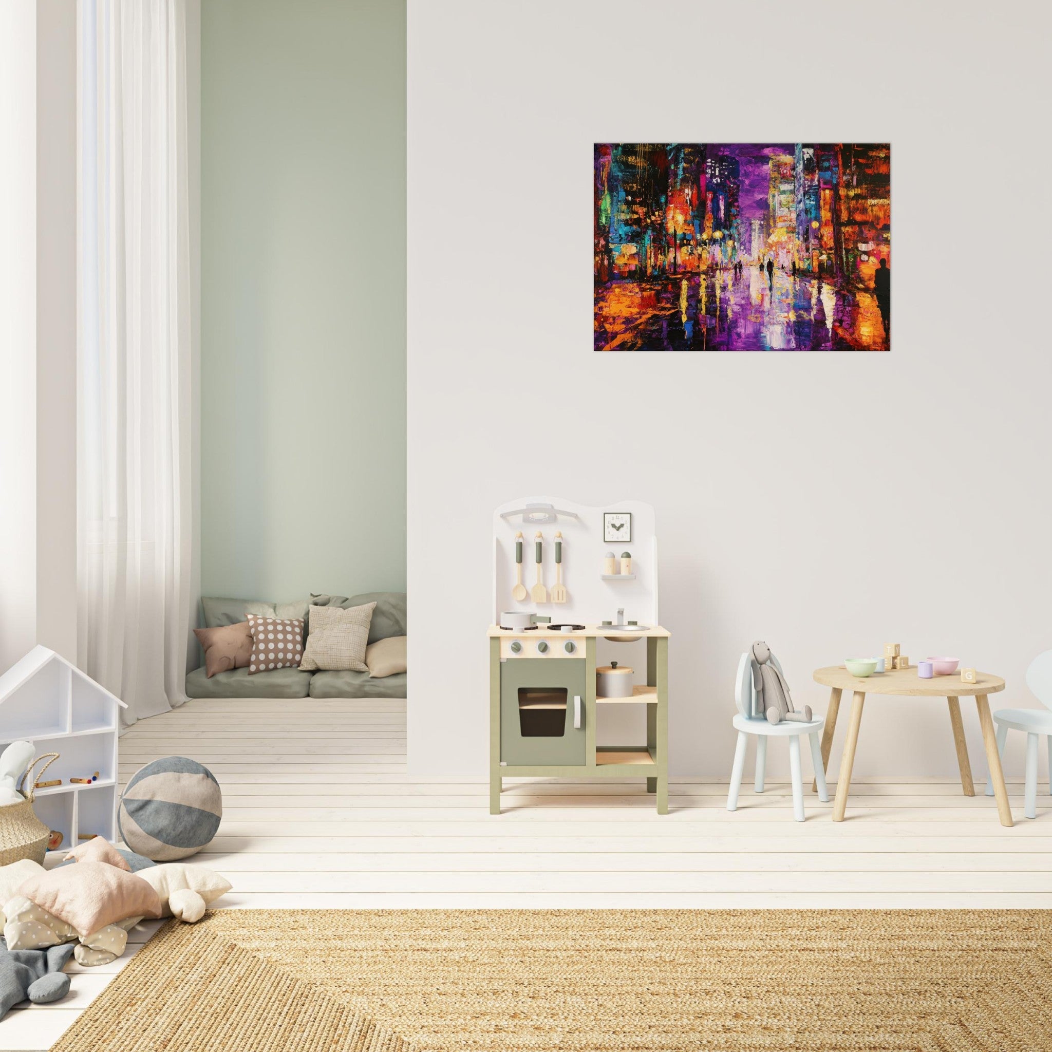 Canvas Landscape - A cityscape bathed in the dim glow of streetligh - Shop Ai Art WebShop - Digital Art online Store