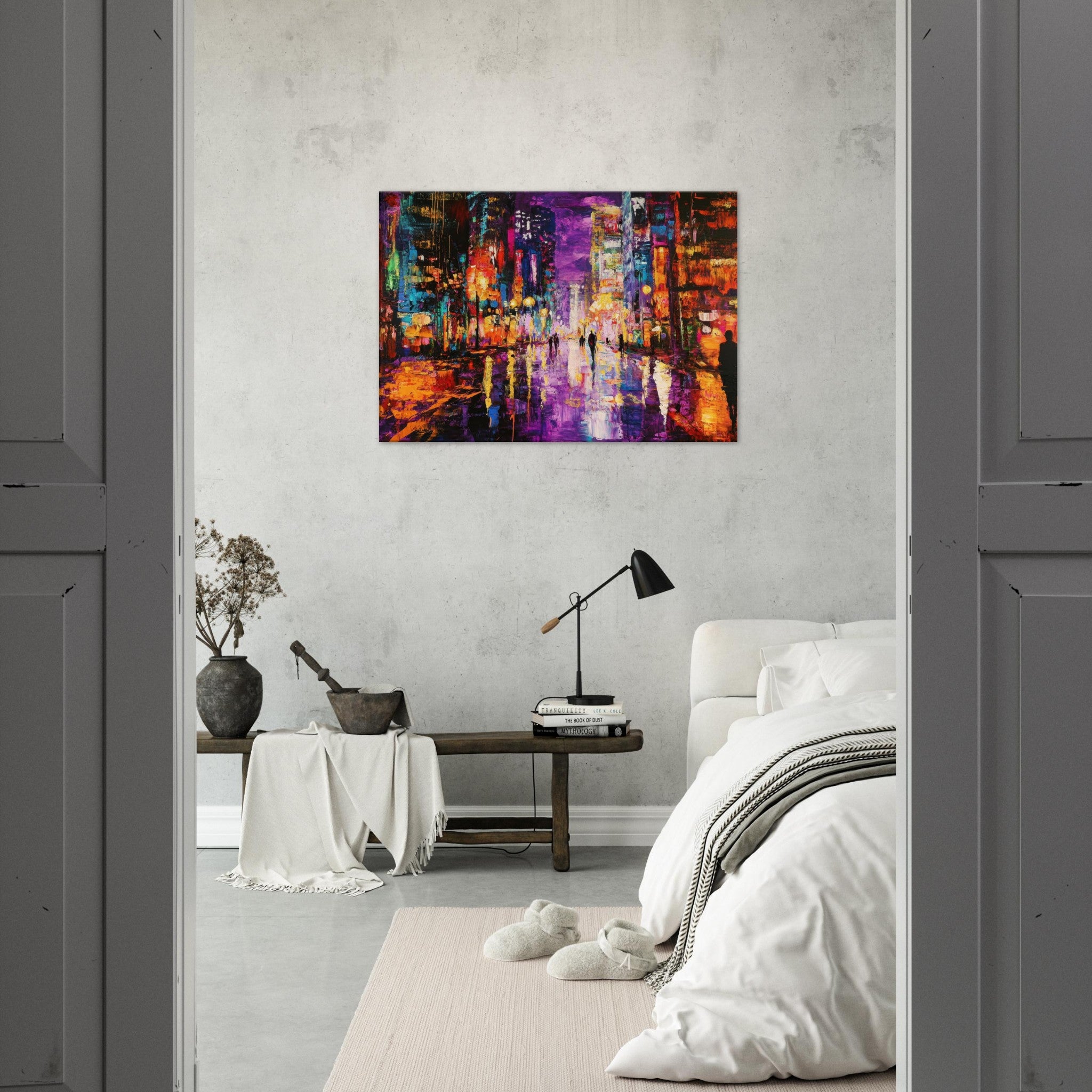 Canvas Landscape - A cityscape bathed in the dim glow of streetligh - Shop Ai Art WebShop - Digital Art online Store