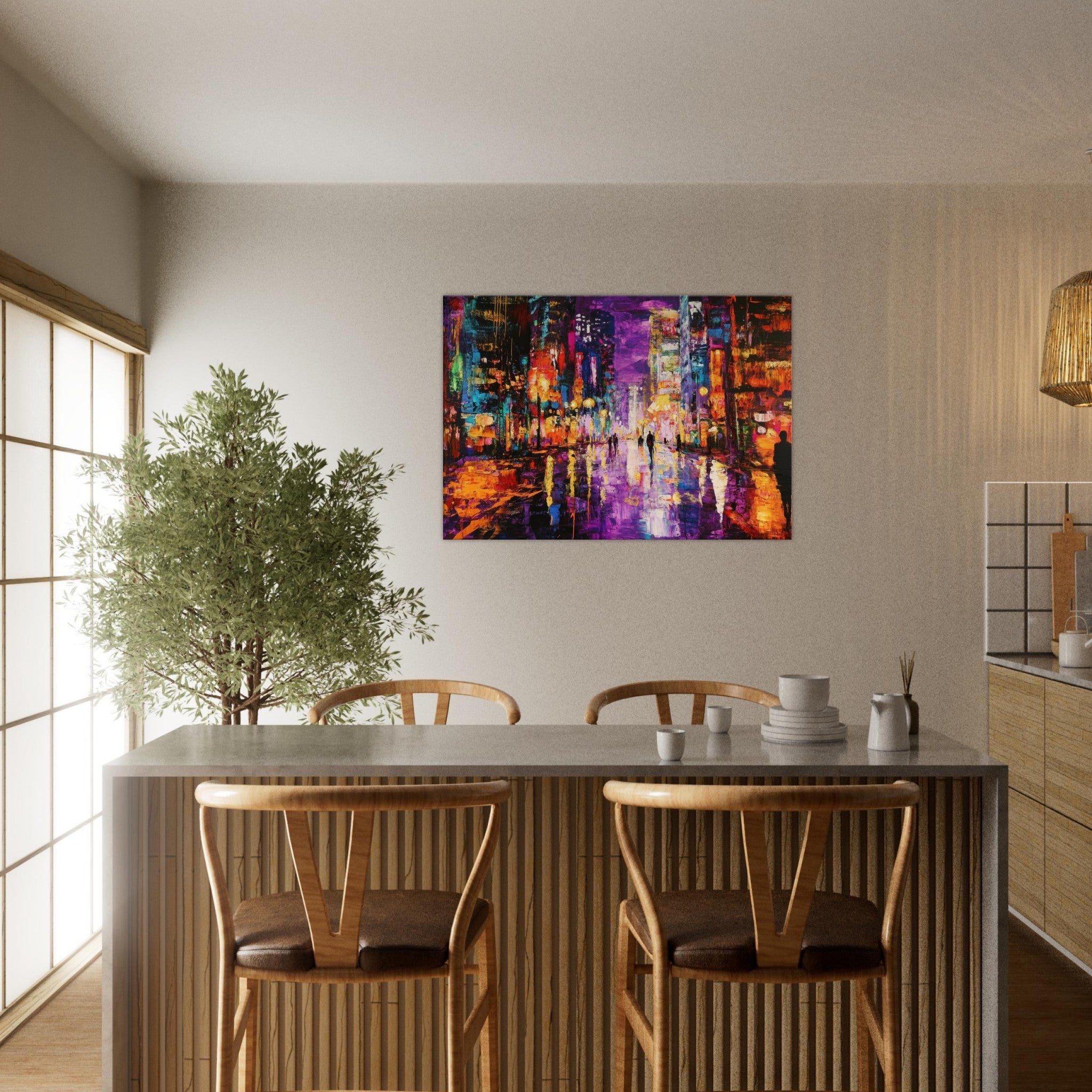 Canvas Landscape - A cityscape bathed in the dim glow of streetligh - Shop Ai Art WebShop - Digital Art online Store