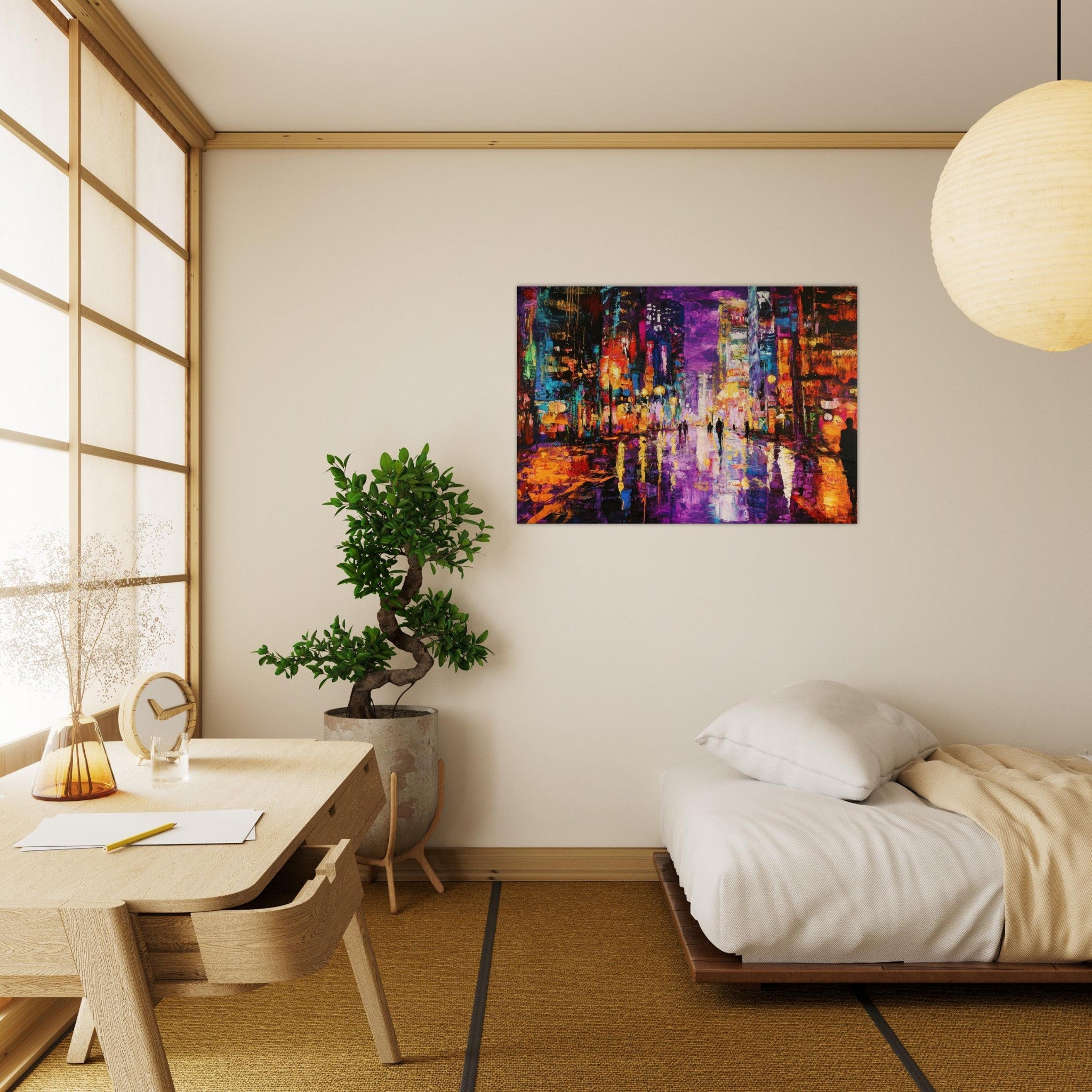 Canvas Landscape - A cityscape bathed in the dim glow of streetligh - Shop Ai Art WebShop - Digital Art online Store