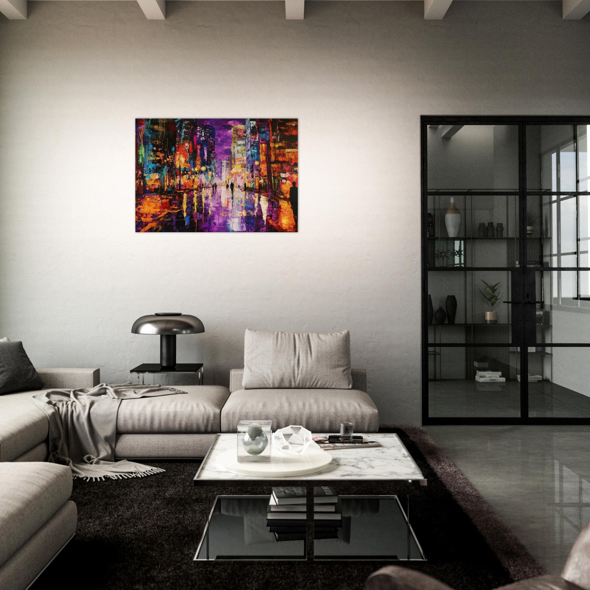 Canvas Landscape - A cityscape bathed in the dim glow of streetligh - Shop Ai Art WebShop - Digital Art online Store