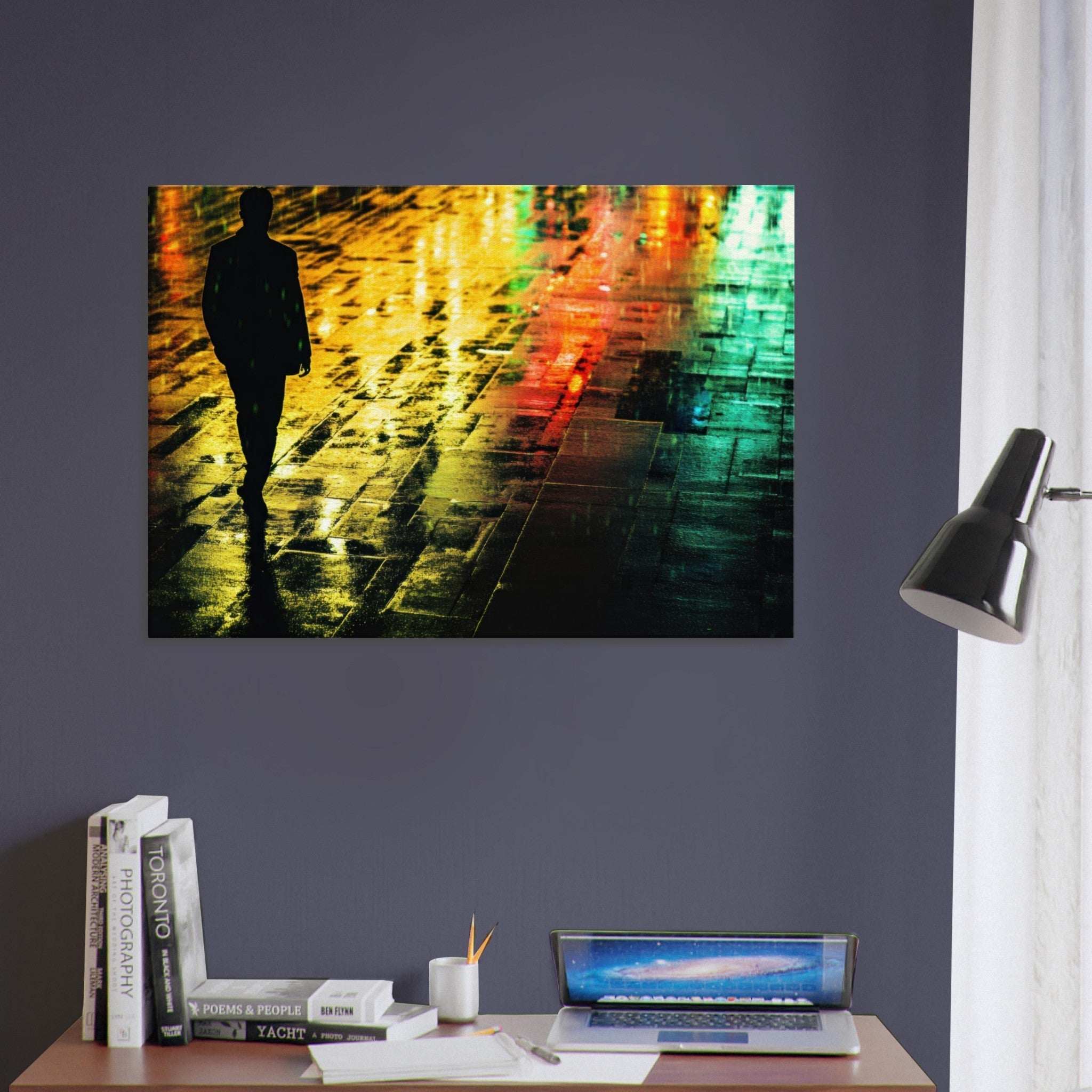 Canvas Landscape - A man walks alone in the pouring rain his figure 2 - Shop Ai Art WebShop - Digital Art online Store
