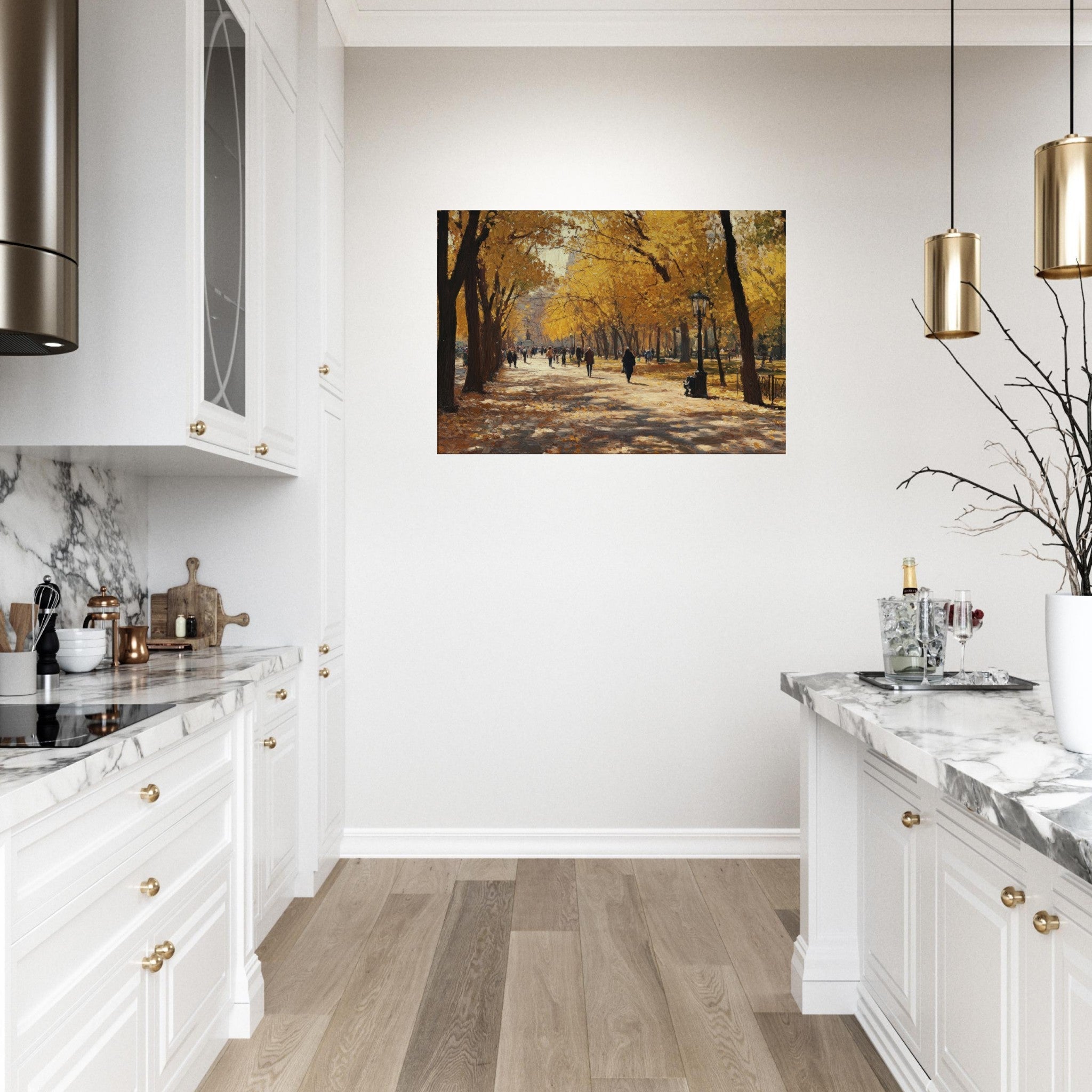 Canvas Landscape - Autumn Park with Strolling Figures A vast park - Shop Ai Art WebShop - Digital Art online Store