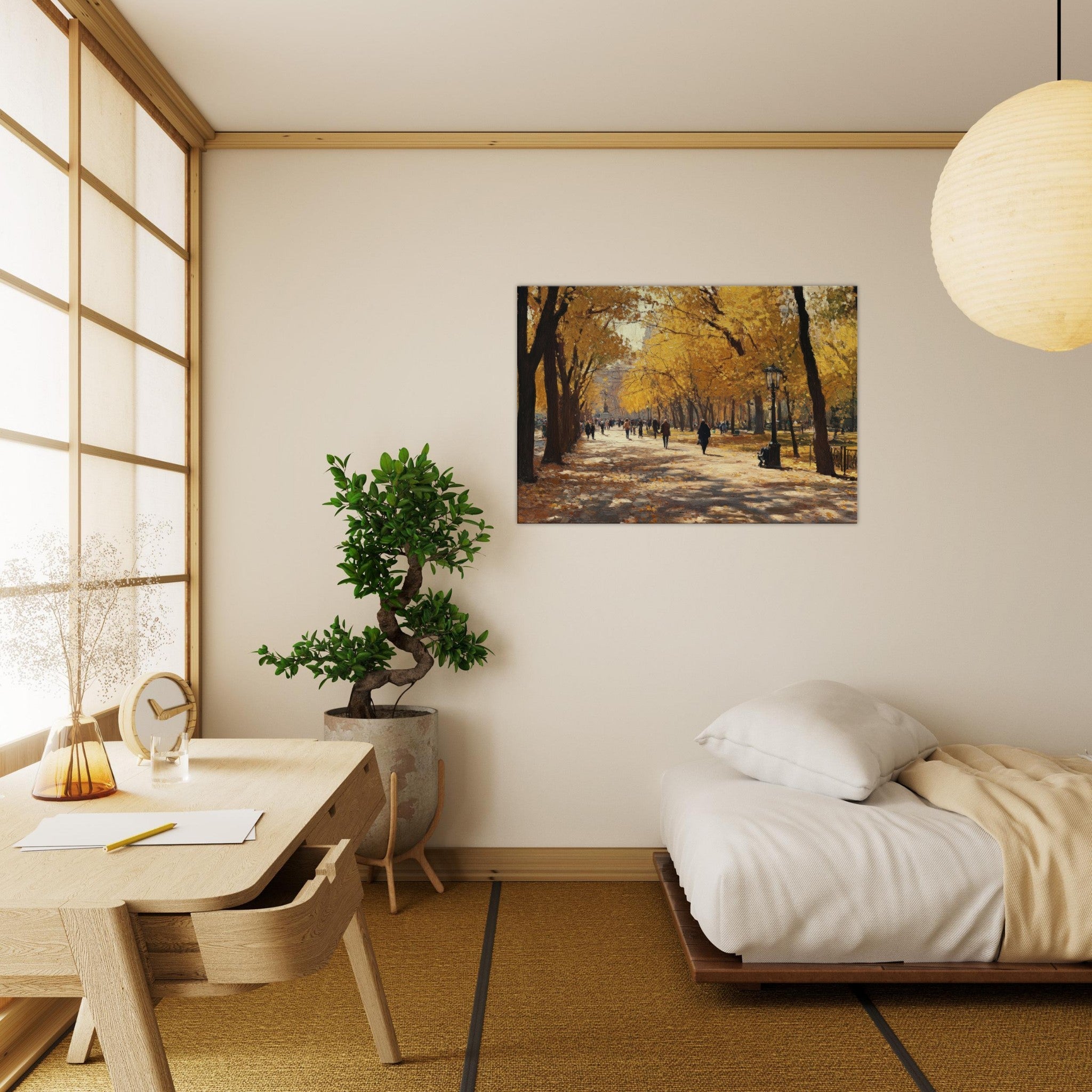 Canvas Landscape - Autumn Park with Strolling Figures A vast park - Shop Ai Art WebShop - Digital Art online Store