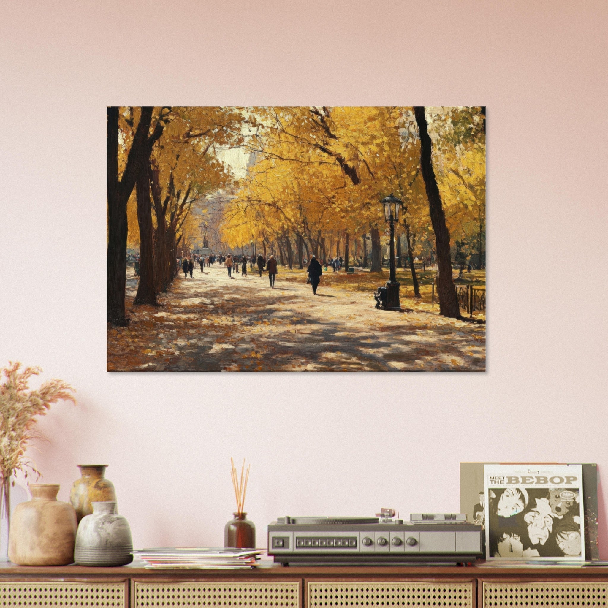 Canvas Landscape - Autumn Park with Strolling Figures A vast park - Shop Ai Art WebShop - Digital Art online Store