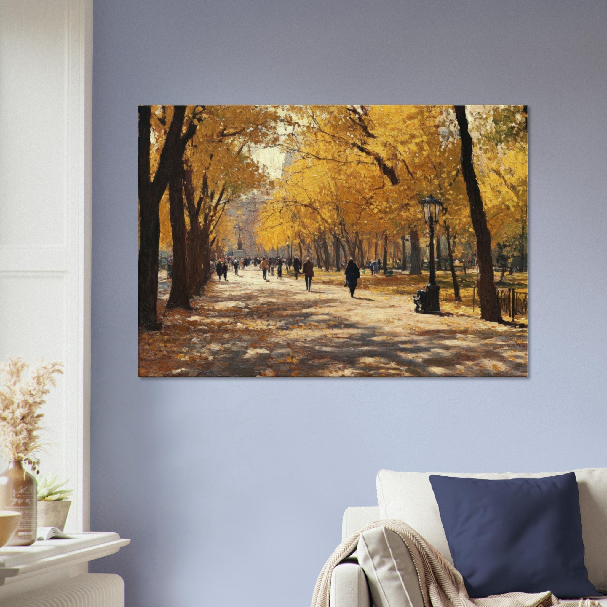 Canvas Landscape - Autumn Park with Strolling Figures A vast park - Shop Ai Art WebShop - Digital Art online Store
