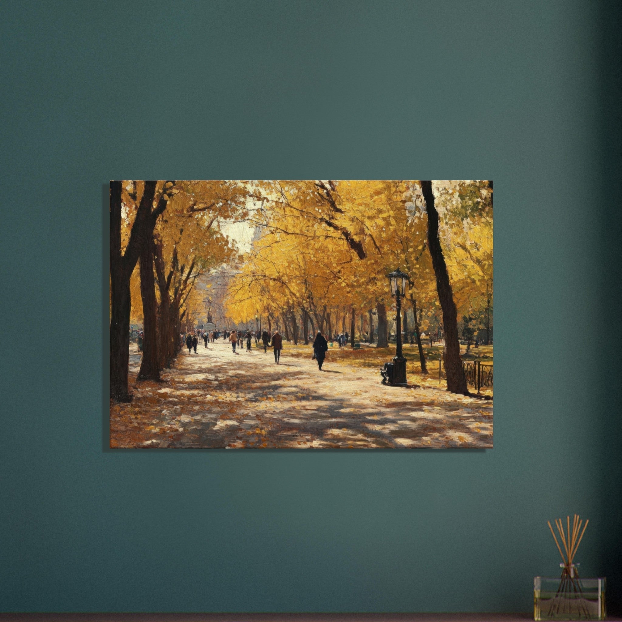Canvas Landscape - Autumn Park with Strolling Figures A vast park - Shop Ai Art WebShop - Digital Art online Store