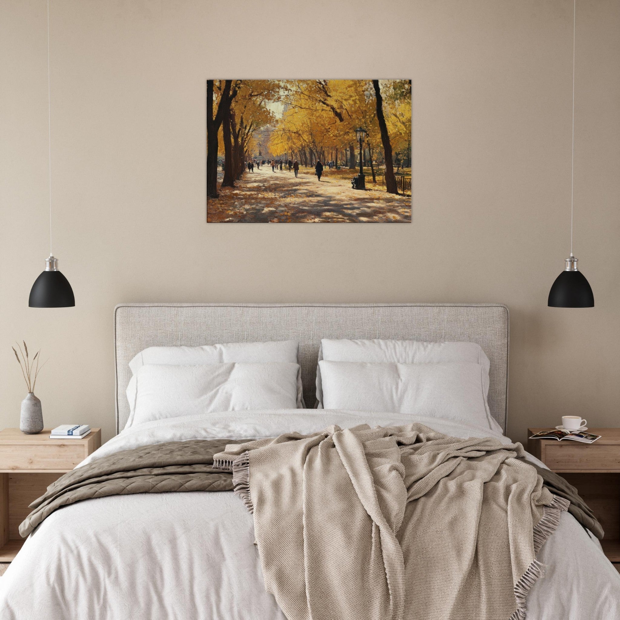Canvas Landscape - Autumn Park with Strolling Figures A vast park - Shop Ai Art WebShop - Digital Art online Store