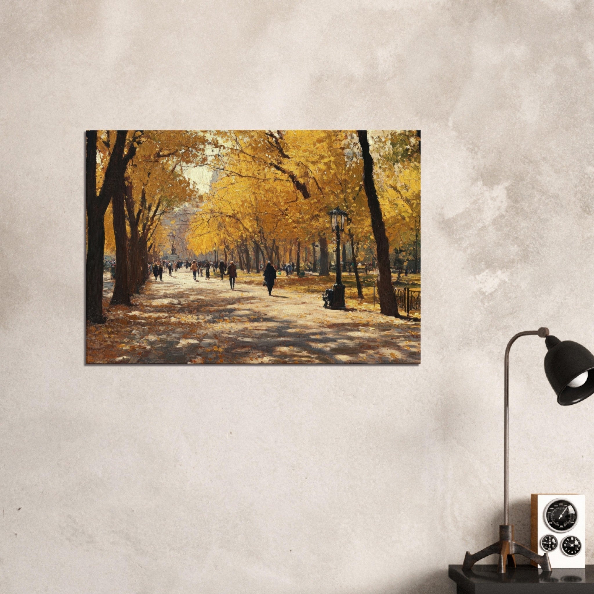 Canvas Landscape - Autumn Park with Strolling Figures A vast park - Shop Ai Art WebShop - Digital Art online Store