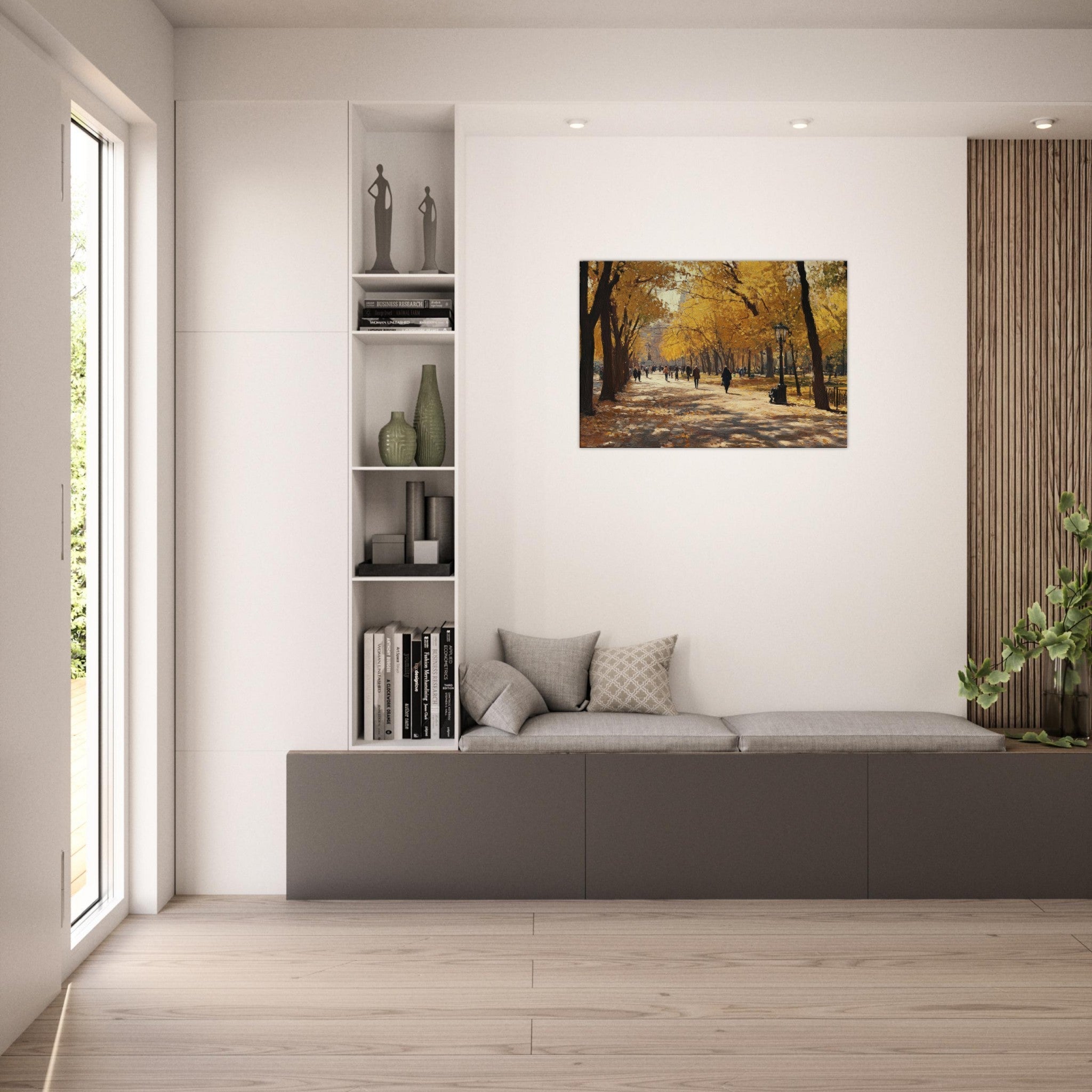 Canvas Landscape - Autumn Park with Strolling Figures A vast park - Shop Ai Art WebShop - Digital Art online Store
