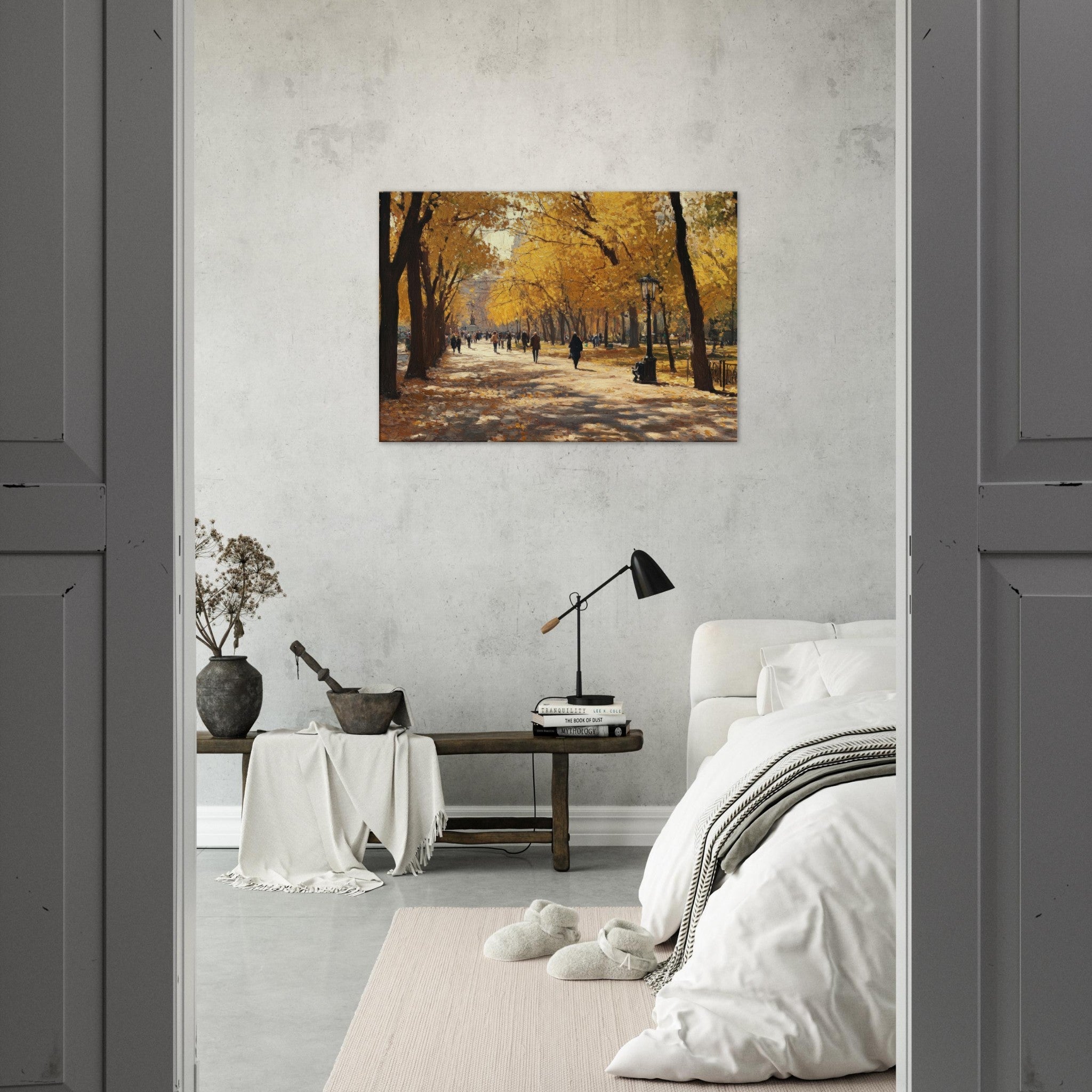 Canvas Landscape - Autumn Park with Strolling Figures A vast park - Shop Ai Art WebShop - Digital Art online Store