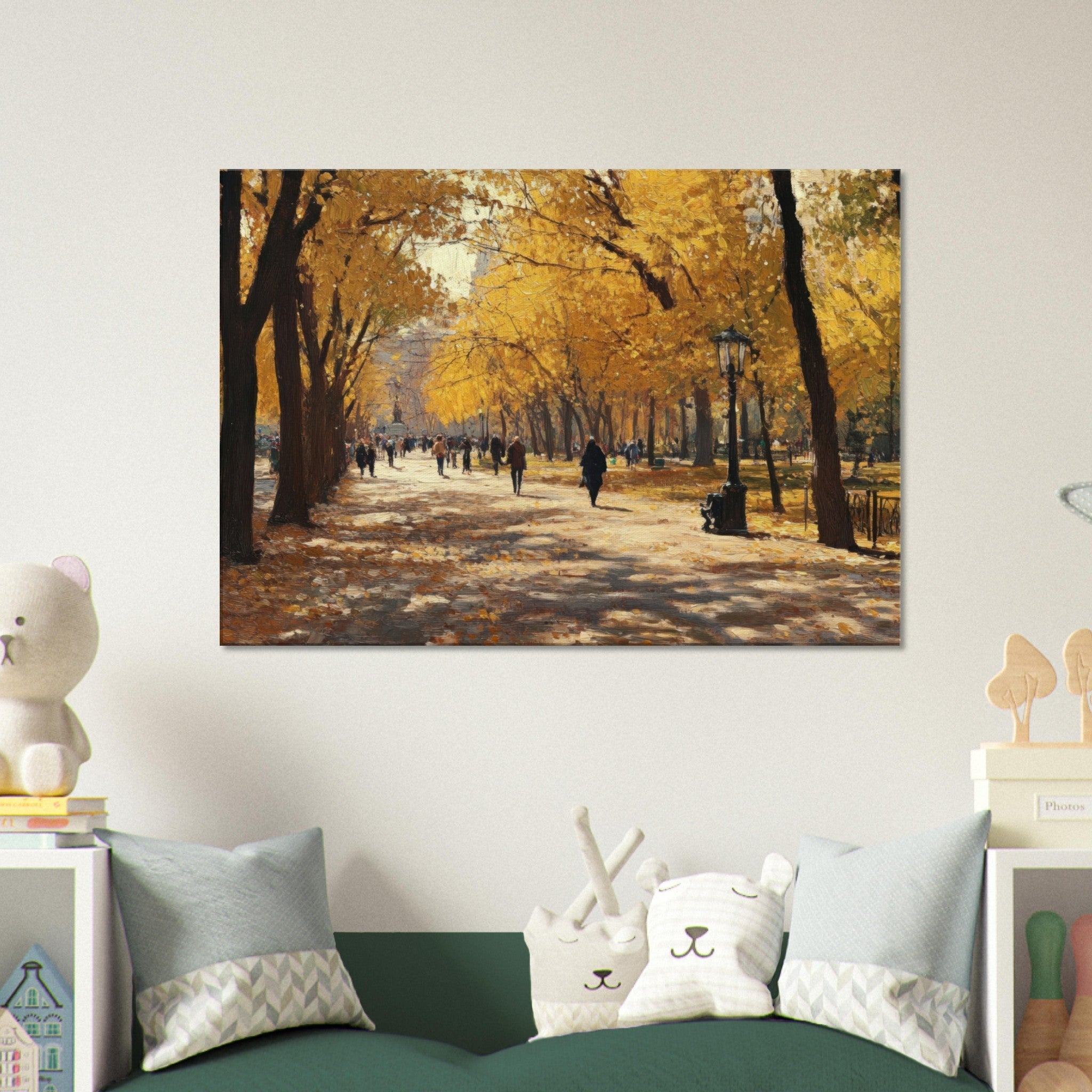 Canvas Landscape - Autumn Park with Strolling Figures A vast park - Shop Ai Art WebShop - Digital Art online Store