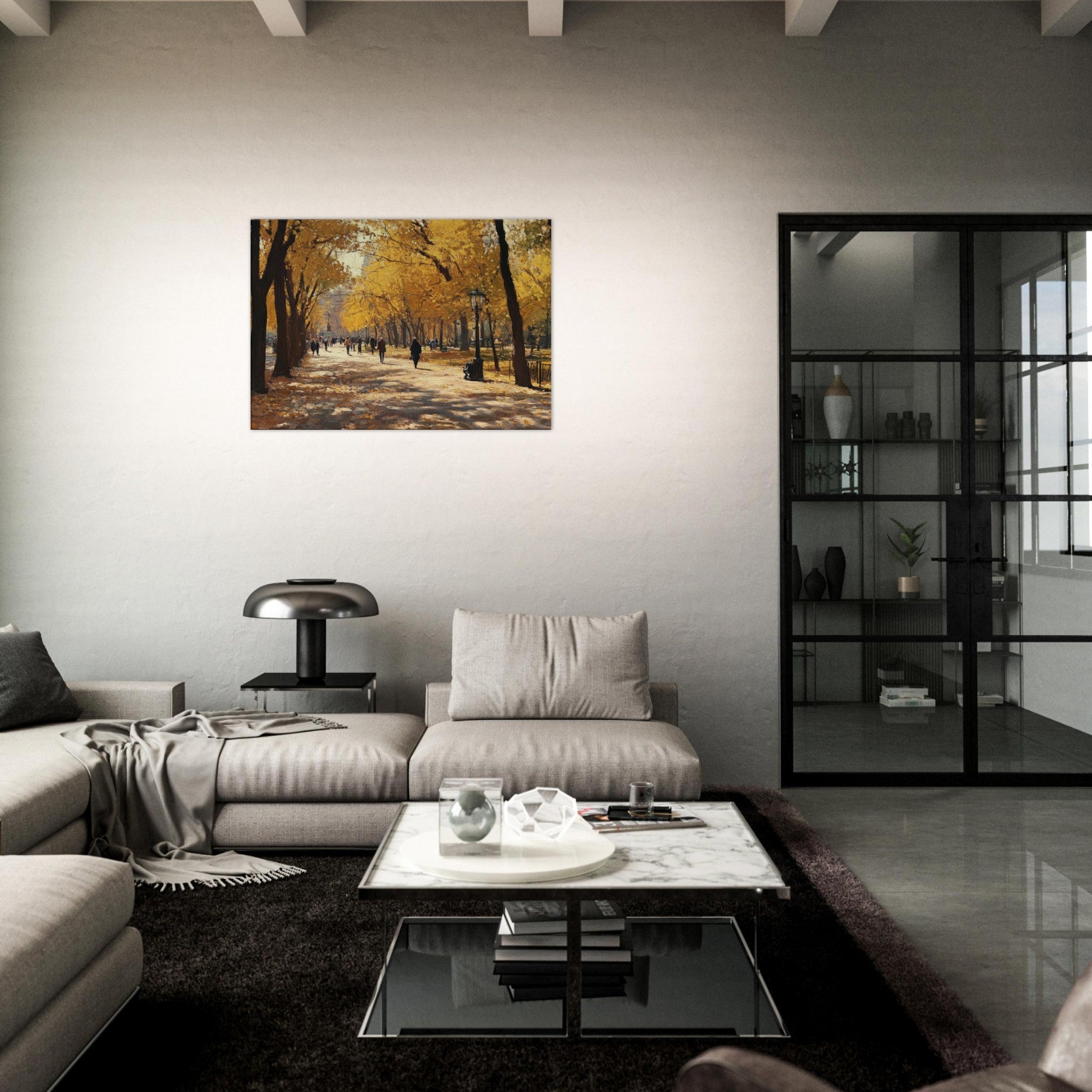 Canvas Landscape - Autumn Park with Strolling Figures A vast park - Shop Ai Art WebShop - Digital Art online Store
