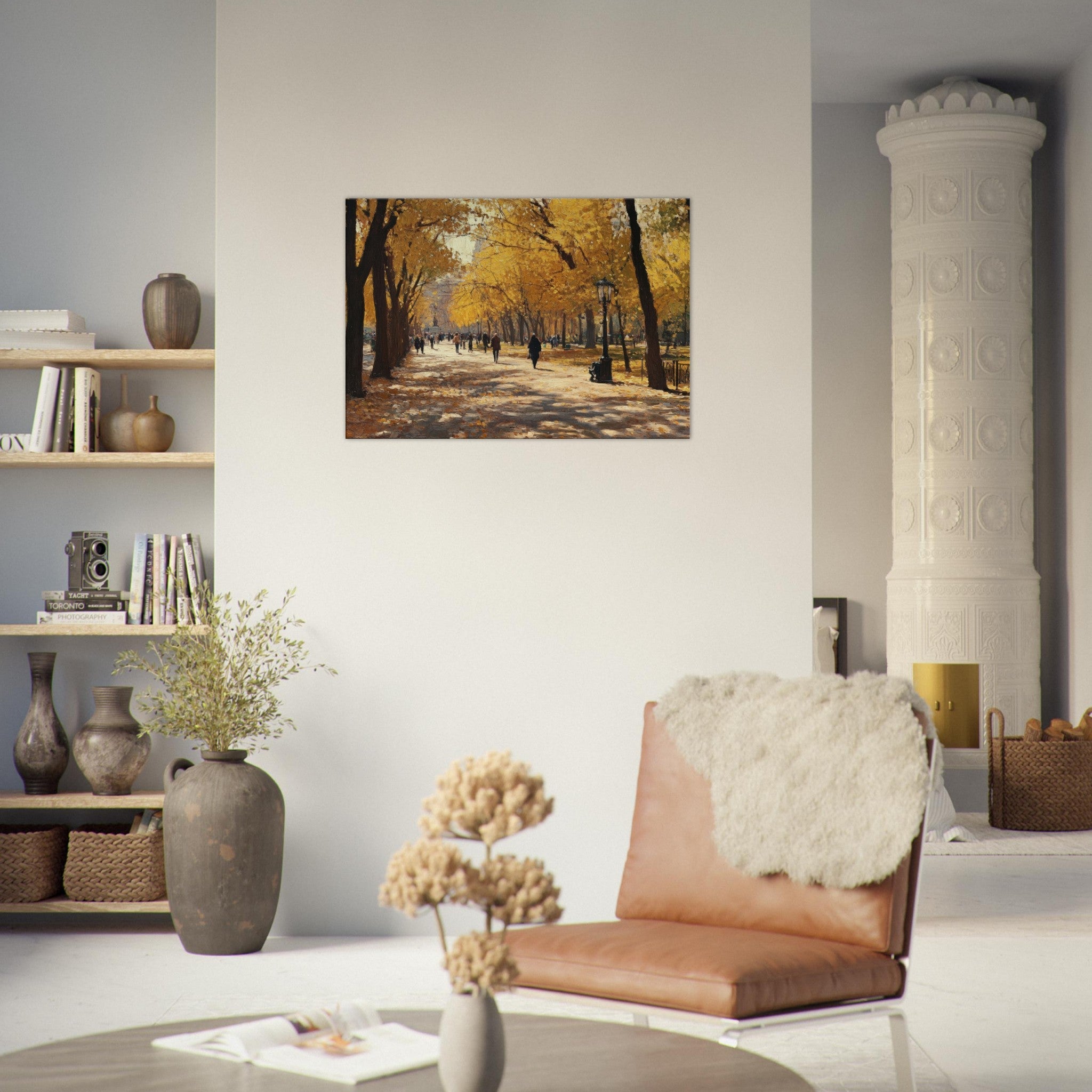 Canvas Landscape - Autumn Park with Strolling Figures A vast park - Shop Ai Art WebShop - Digital Art online Store