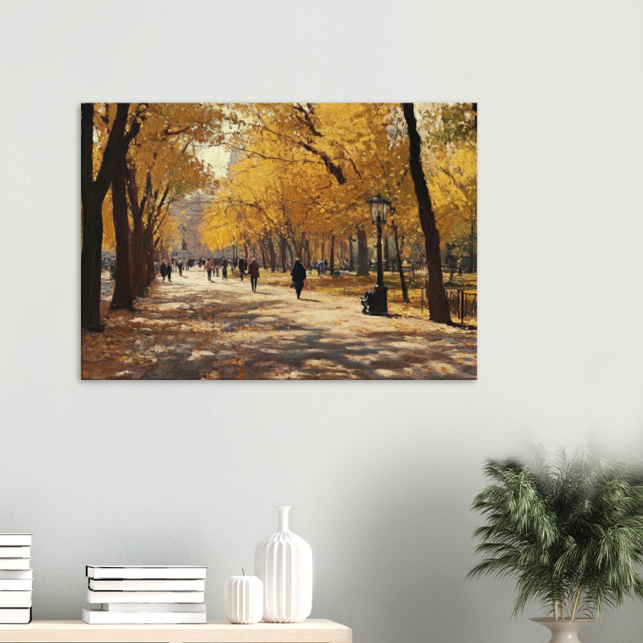 Canvas Landscape - Autumn Park with Strolling Figures A vast park - Shop Ai Art WebShop - Digital Art online Store