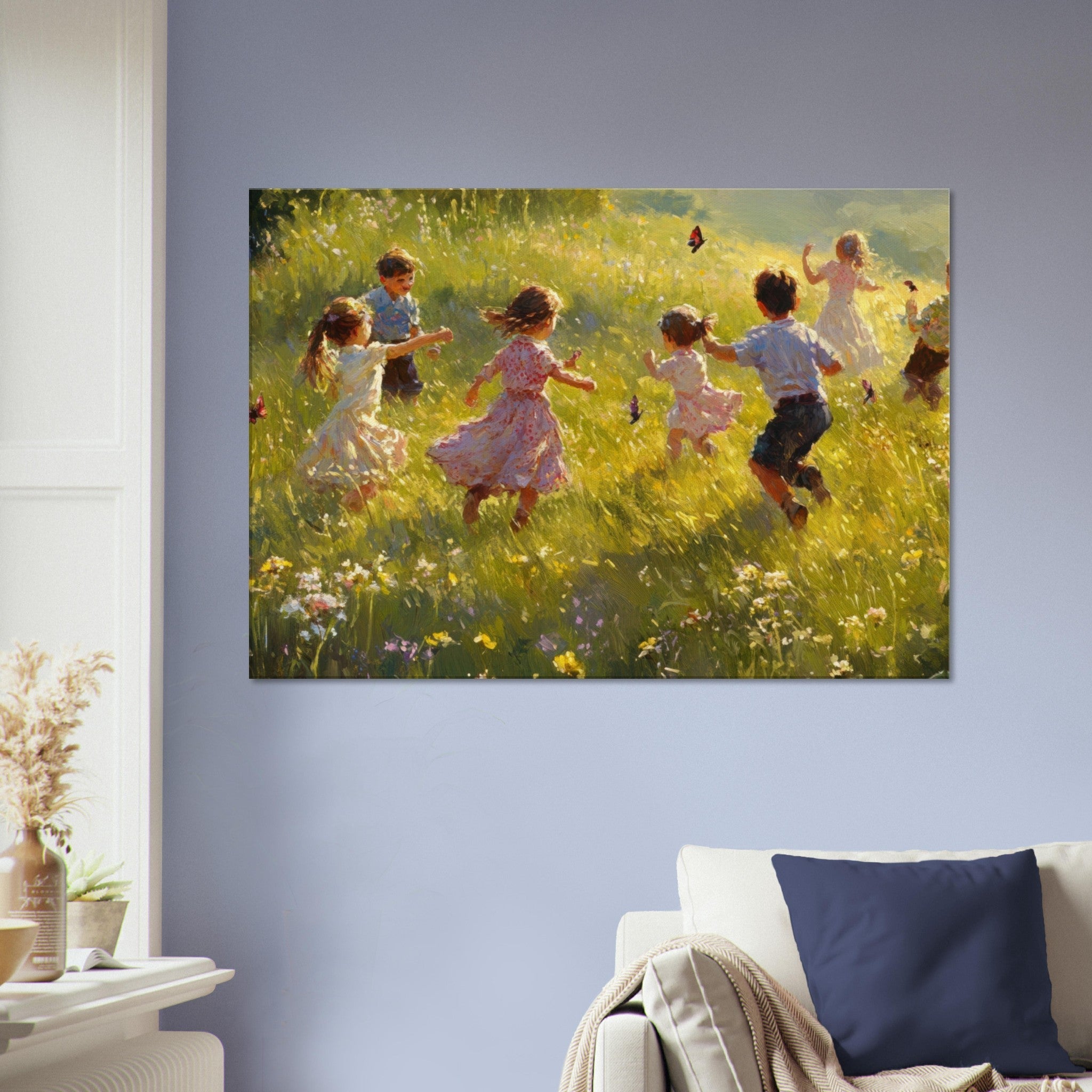 Canvas Landscape - Children Playing in a Meadow A sunlit country 2 - Shop Ai Art WebShop - Digital Art online Store