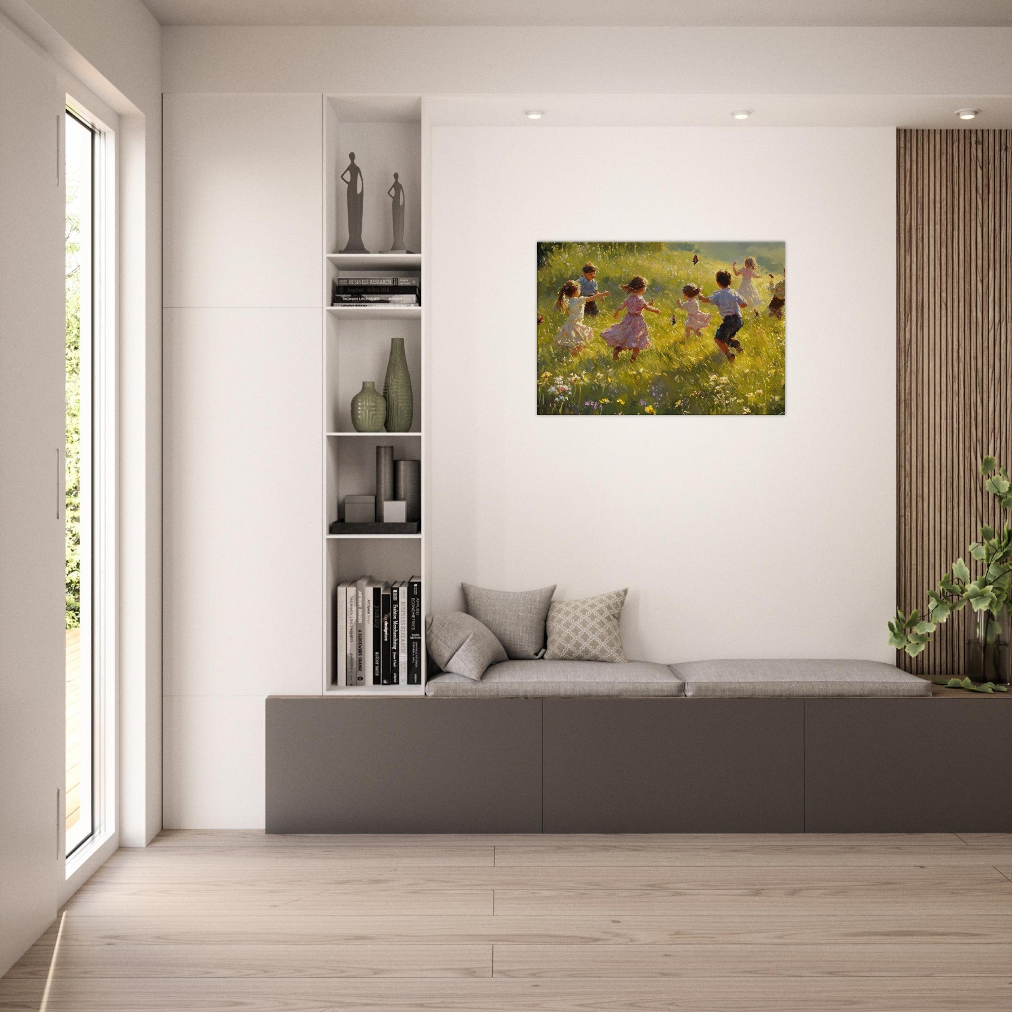 Canvas Landscape - Children Playing in a Meadow A sunlit country 2 - Shop Ai Art WebShop - Digital Art online Store