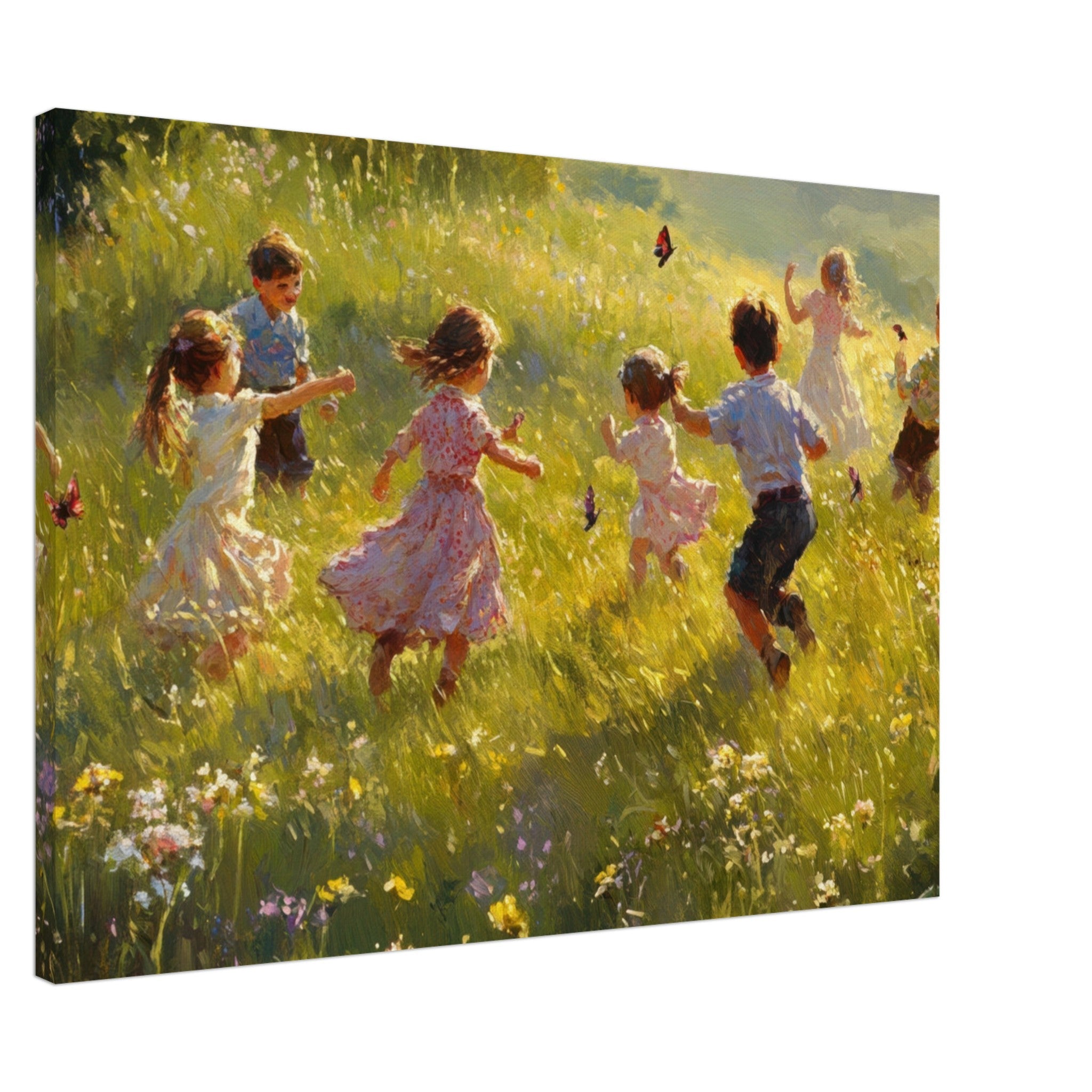 Canvas Landscape - Children Playing in a Meadow A sunlit country 2 - Shop Ai Art WebShop - Digital Art online Store