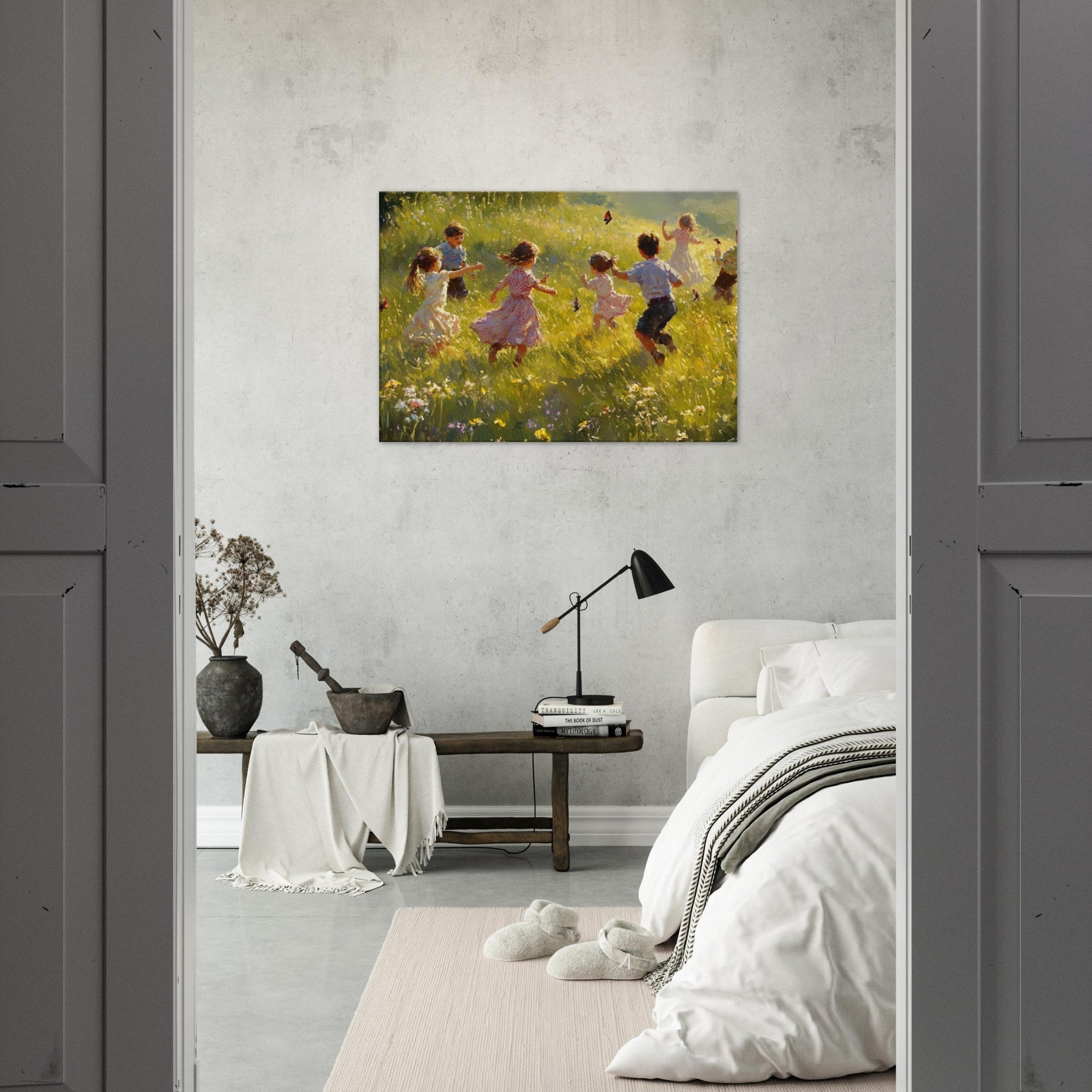 Canvas Landscape - Children Playing in a Meadow A sunlit country 2 - Shop Ai Art WebShop - Digital Art online Store