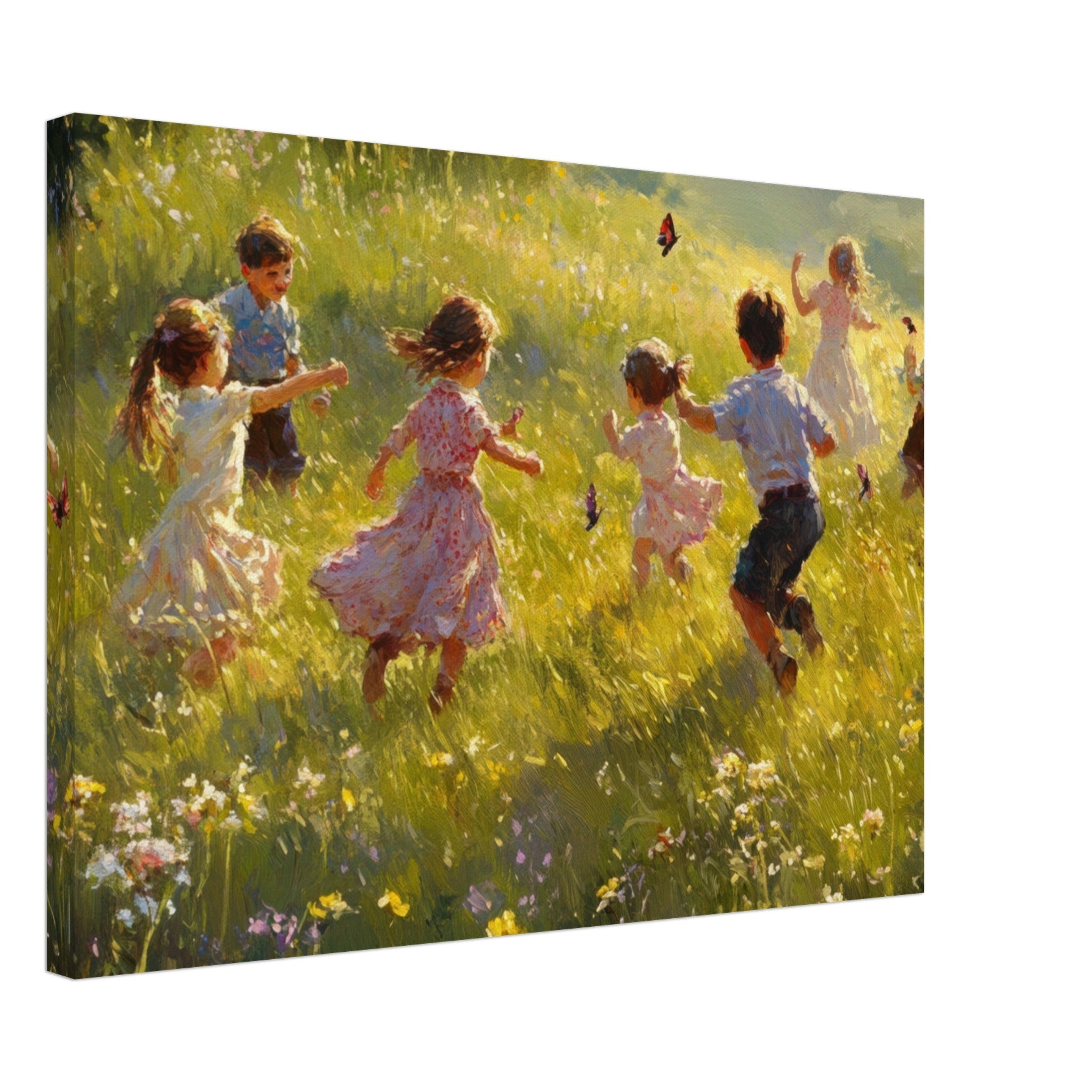 Canvas Landscape - Children Playing in a Meadow A sunlit country 2 - Shop Ai Art WebShop - Digital Art online Store