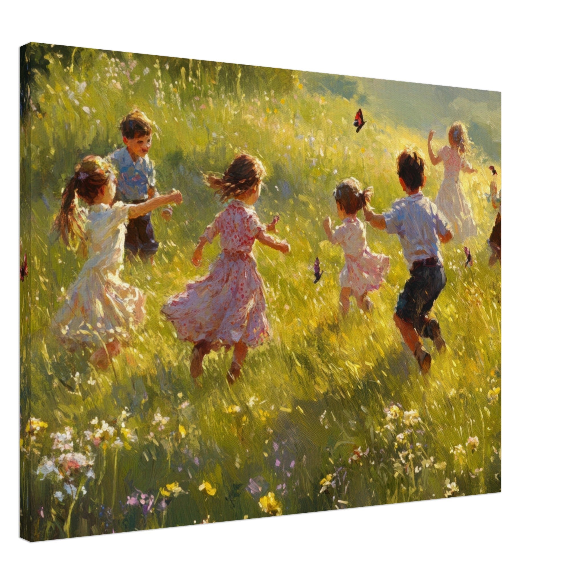 Canvas Landscape - Children Playing in a Meadow A sunlit country 2 - Shop Ai Art WebShop - Digital Art online Store