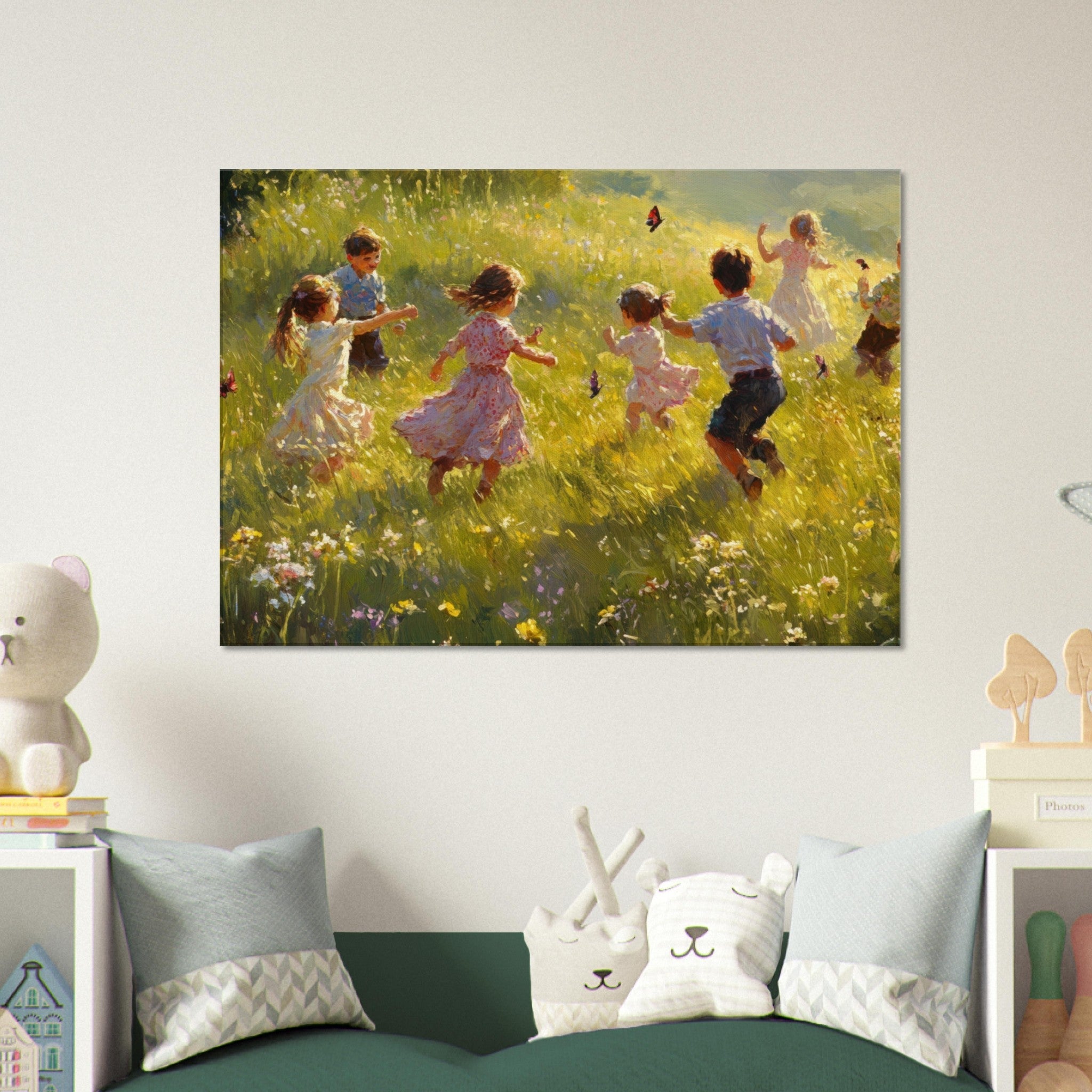 Canvas Landscape - Children Playing in a Meadow A sunlit country 2 - Shop Ai Art WebShop - Digital Art online Store