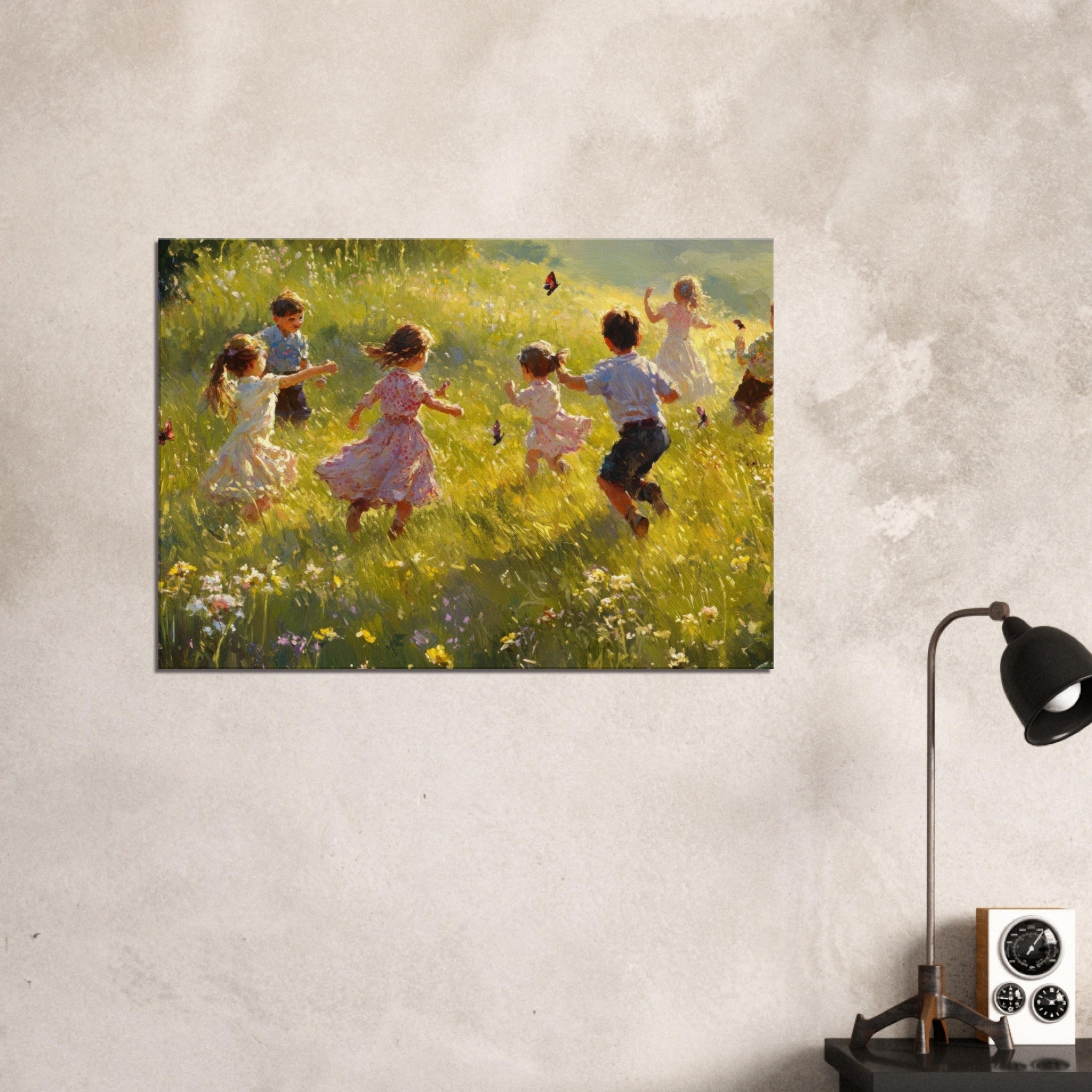 Canvas Landscape - Children Playing in a Meadow A sunlit country 2 - Shop Ai Art WebShop - Digital Art online Store