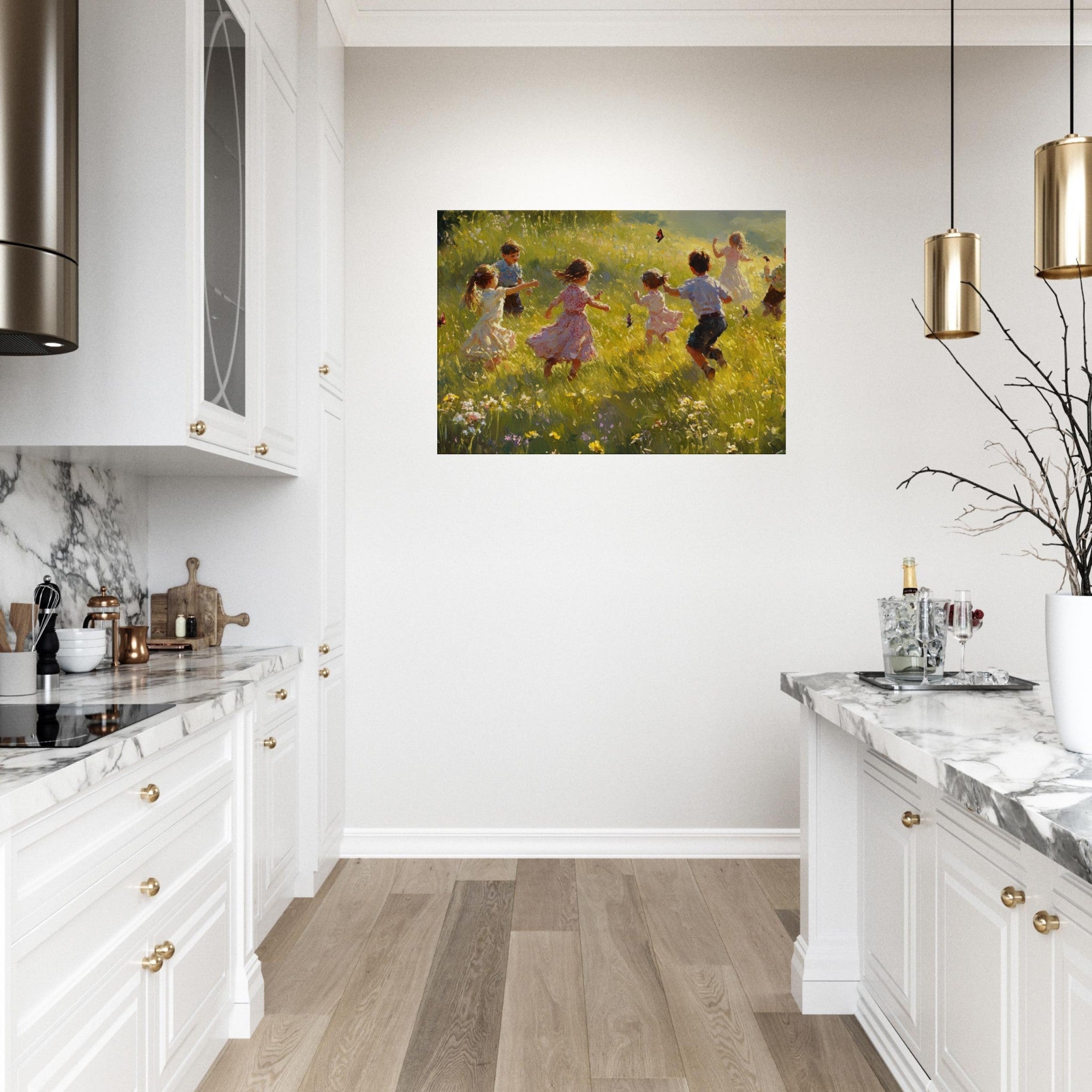 Canvas Landscape - Children Playing in a Meadow A sunlit country 2 - Shop Ai Art WebShop - Digital Art online Store