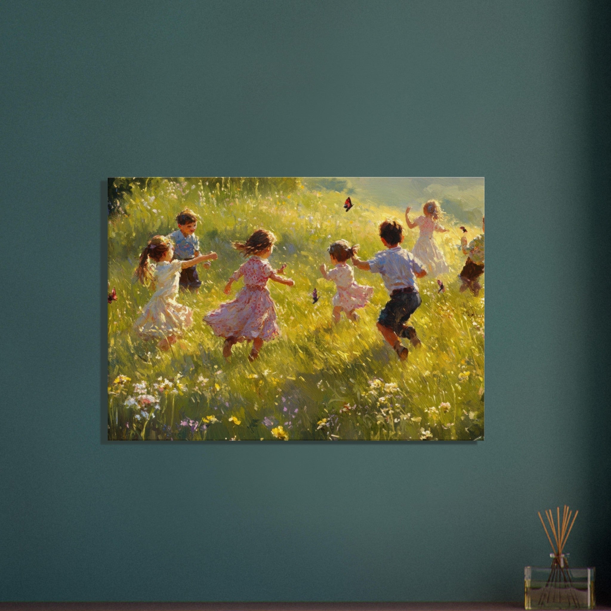 Canvas Landscape - Children Playing in a Meadow A sunlit country 2 - Shop Ai Art WebShop - Digital Art online Store