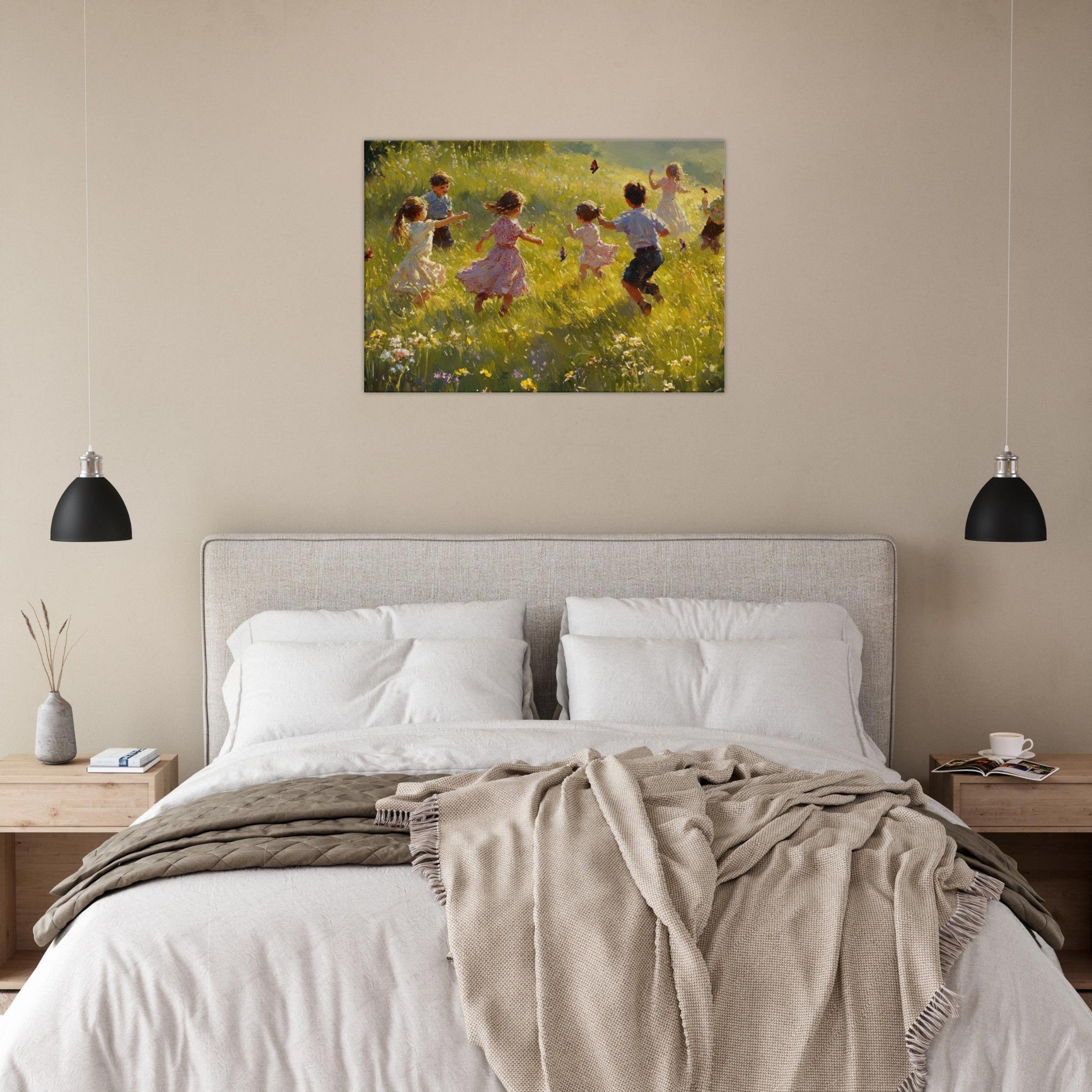 Canvas Landscape - Children Playing in a Meadow A sunlit country 2 - Shop Ai Art WebShop - Digital Art online Store