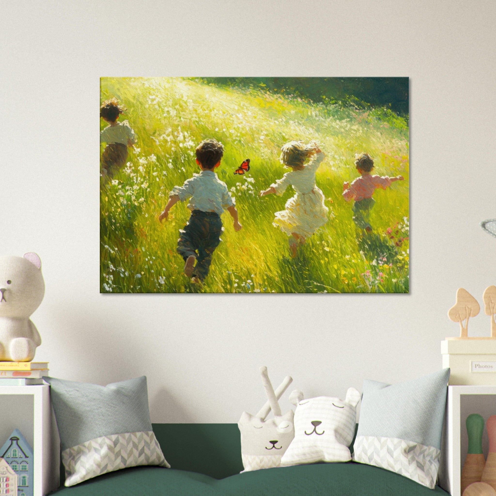Canvas Landscape - Children Playing in a Meadow A sunlit country 3 - Shop Ai Art WebShop - Digital Art online Store