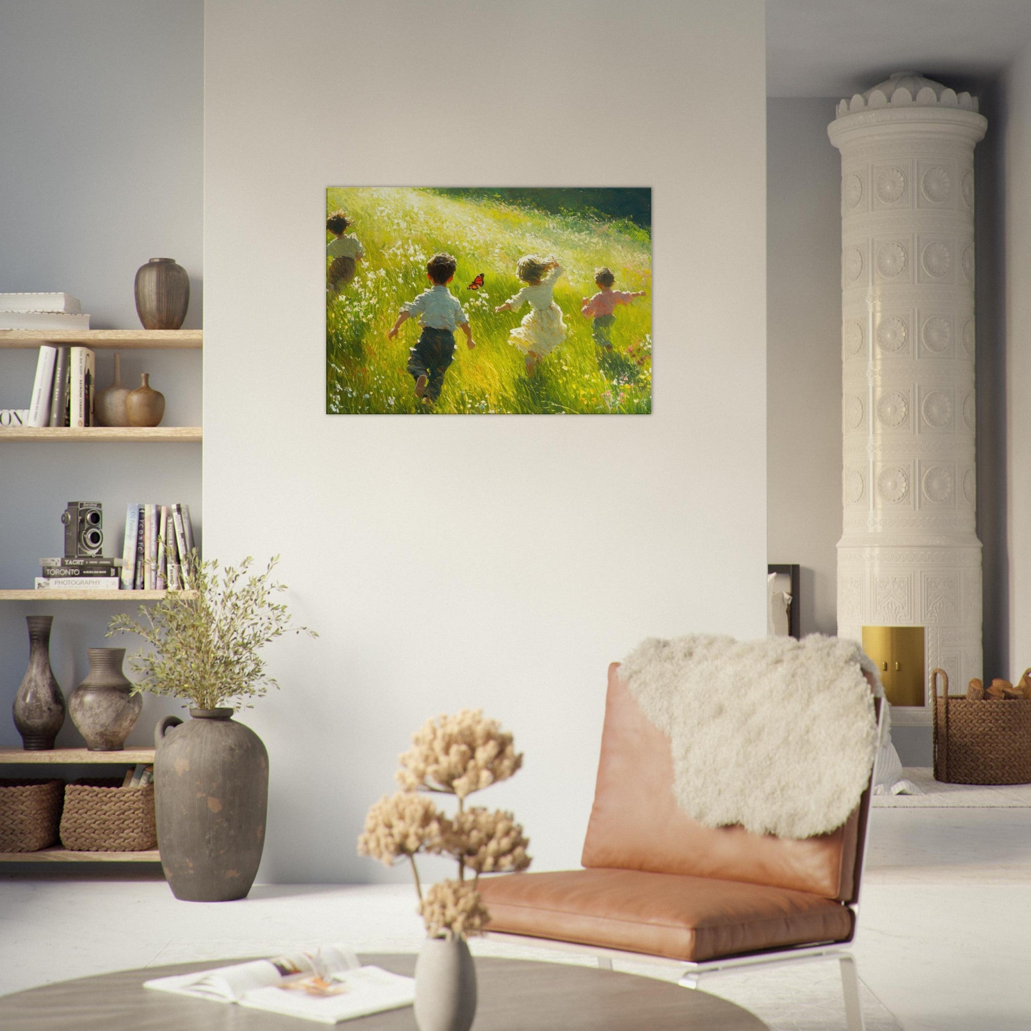 Canvas Landscape - Children Playing in a Meadow A sunlit country 3 - Shop Ai Art WebShop - Digital Art online Store