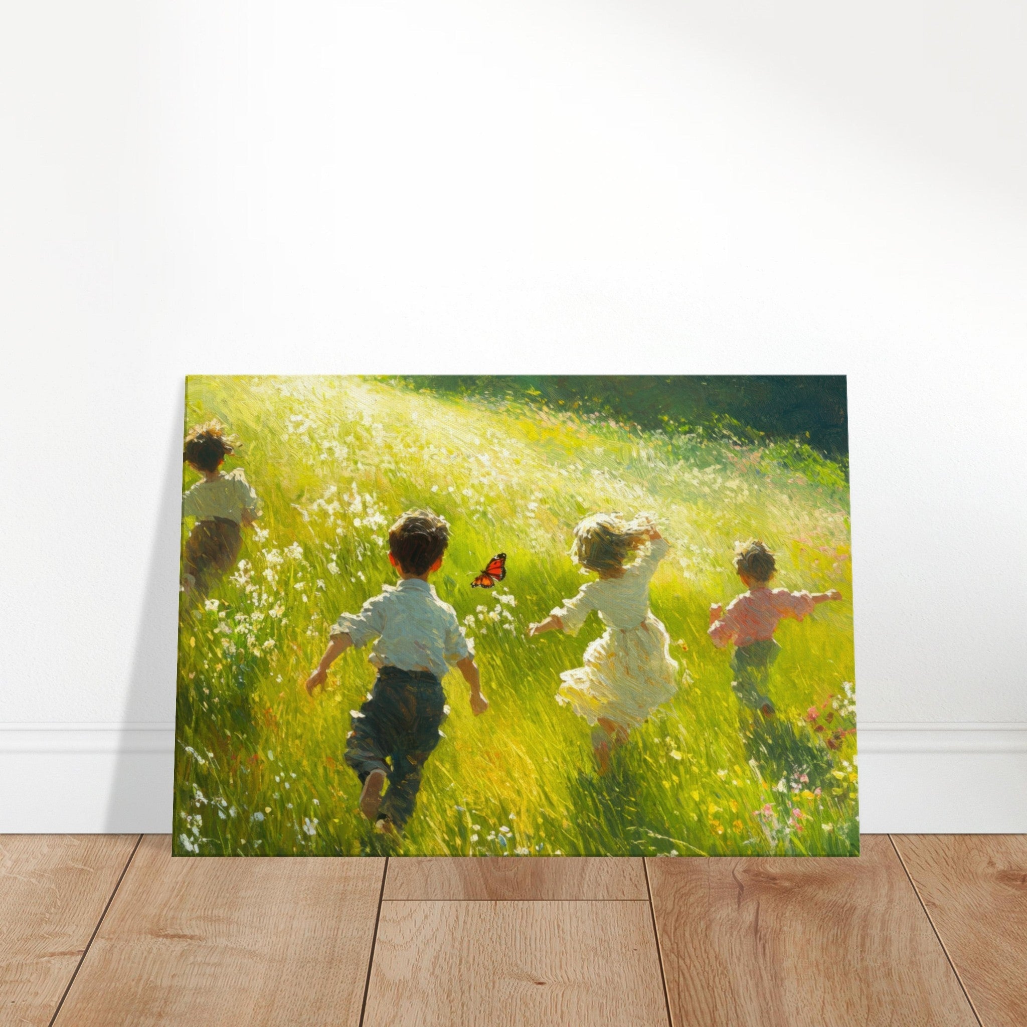 Canvas Landscape - Children Playing in a Meadow A sunlit country 3 - Shop Ai Art WebShop - Digital Art online Store