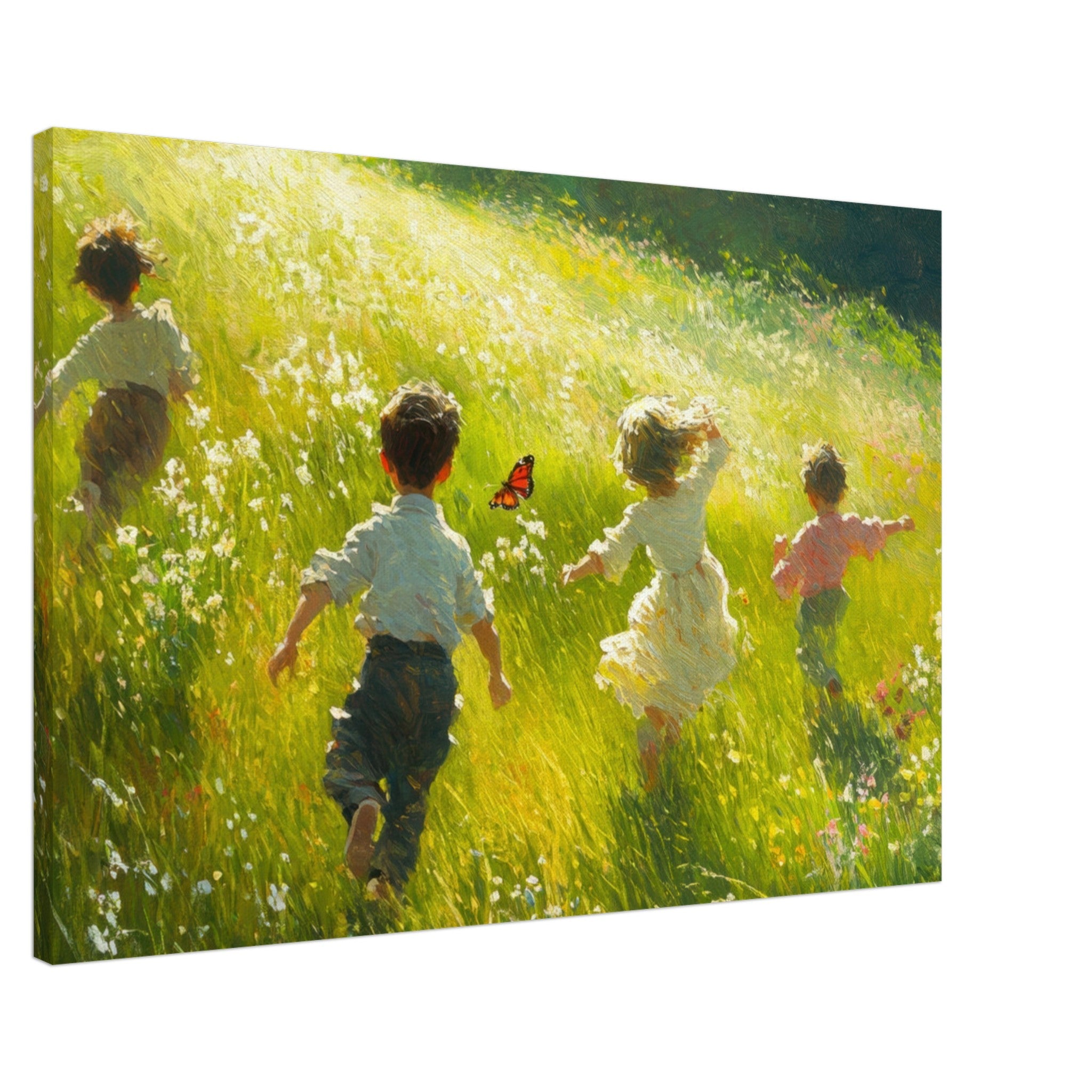 Canvas Landscape - Children Playing in a Meadow A sunlit country 3 - Shop Ai Art WebShop - Digital Art online Store