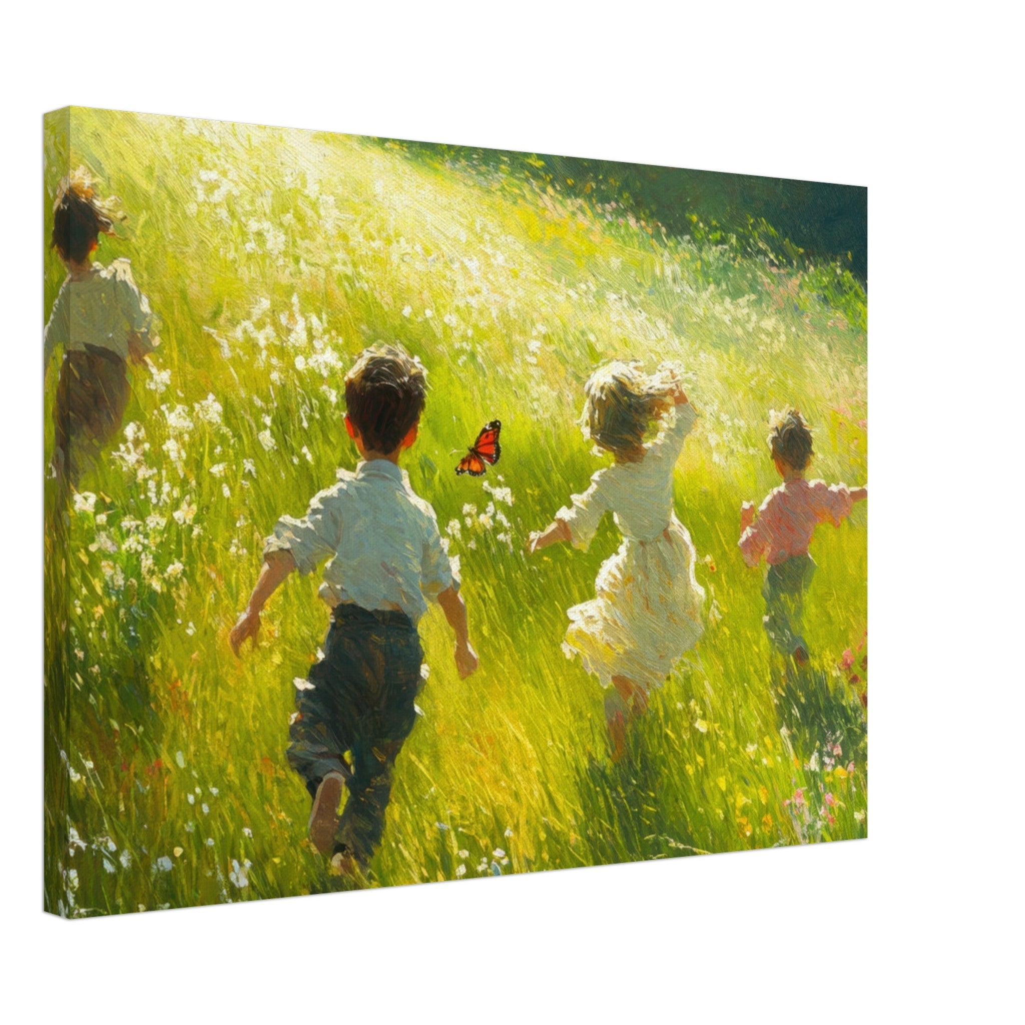 Canvas Landscape - Children Playing in a Meadow A sunlit country 3 - Shop Ai Art WebShop - Digital Art online Store