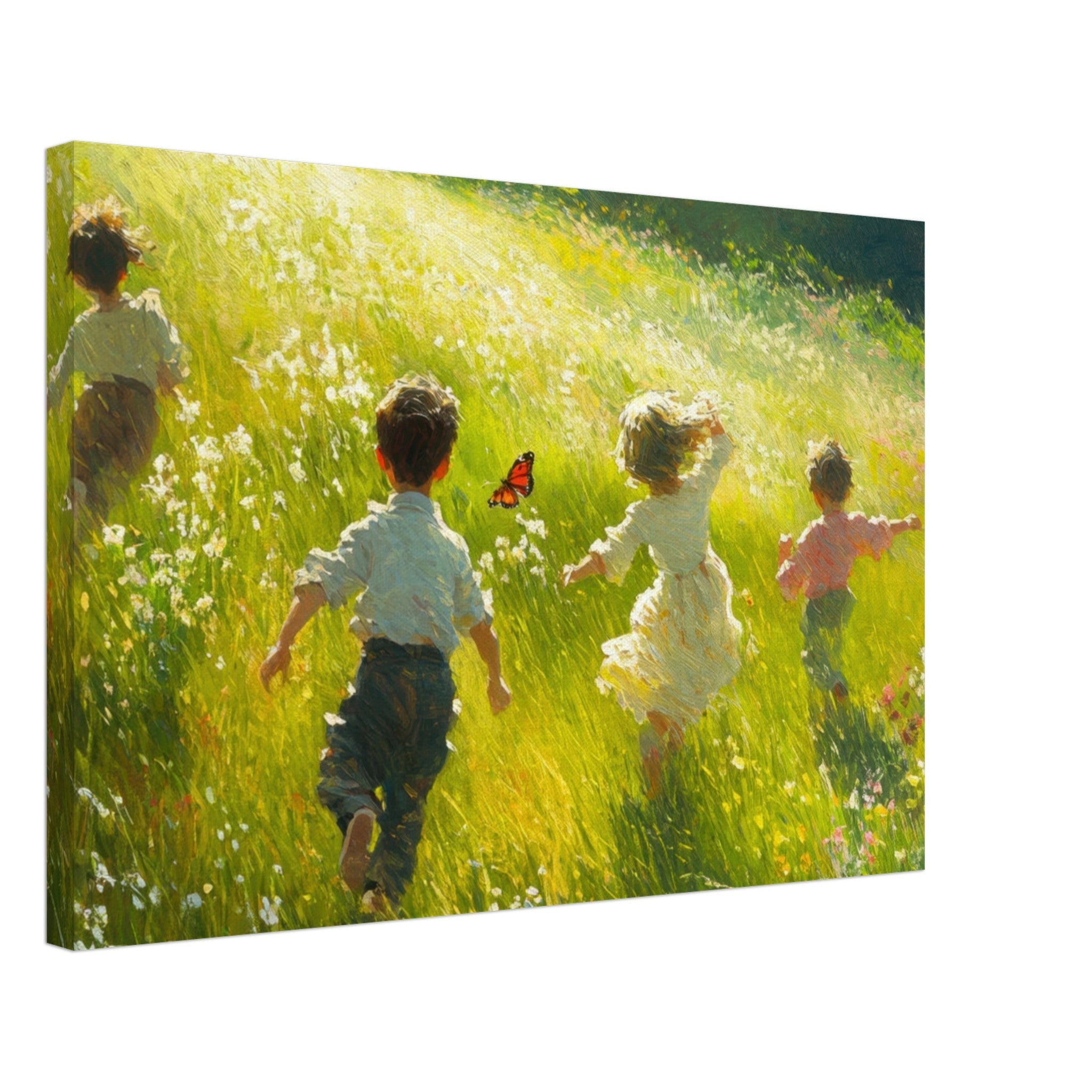 Canvas Landscape - Children Playing in a Meadow A sunlit country 3 - Shop Ai Art WebShop - Digital Art online Store