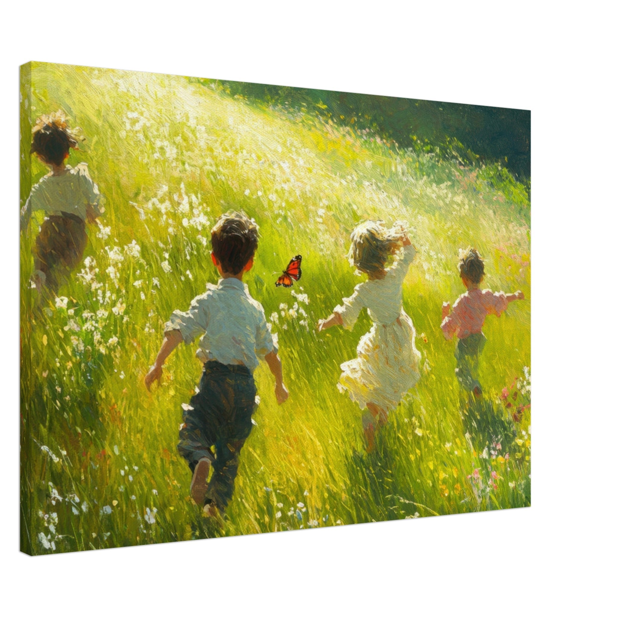 Canvas Landscape - Children Playing in a Meadow A sunlit country 3 - Shop Ai Art WebShop - Digital Art online Store