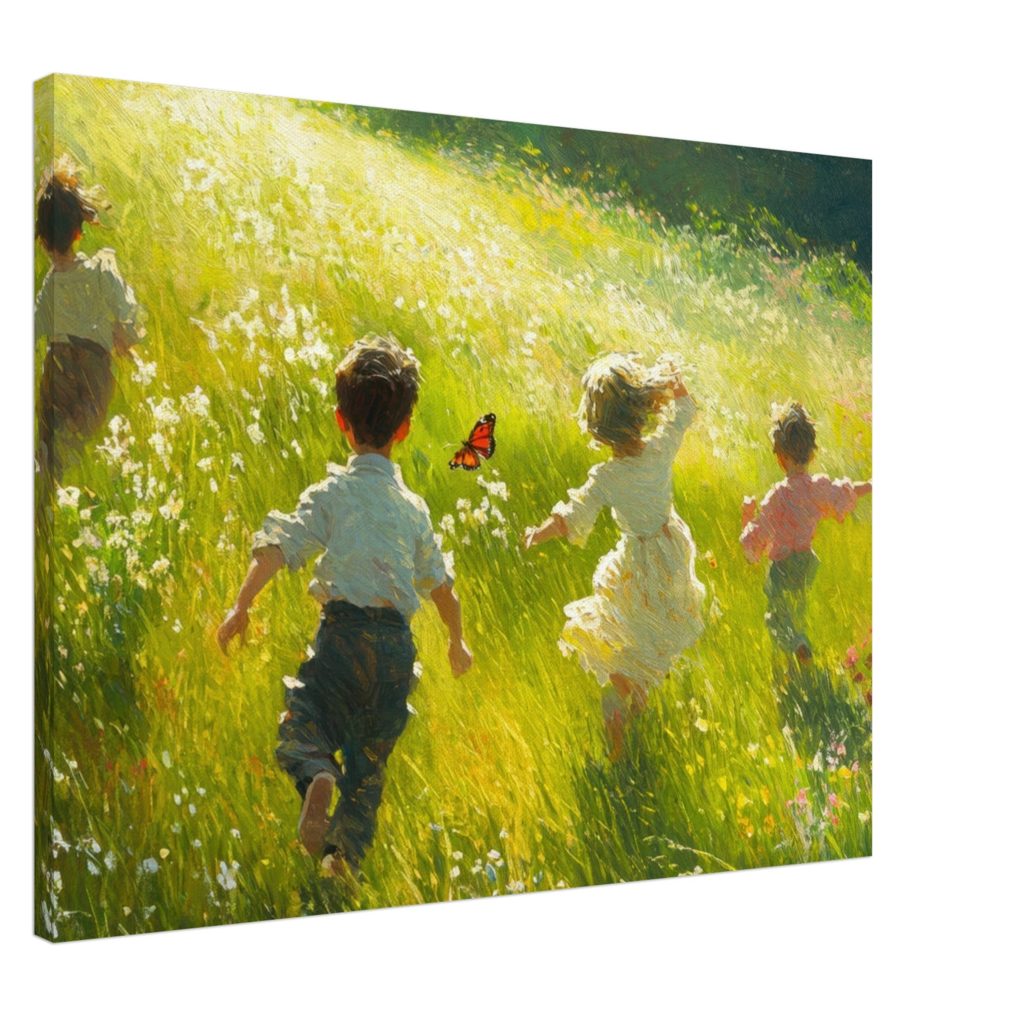 Canvas Landscape - Children Playing in a Meadow A sunlit country 3 - Shop Ai Art WebShop - Digital Art online Store