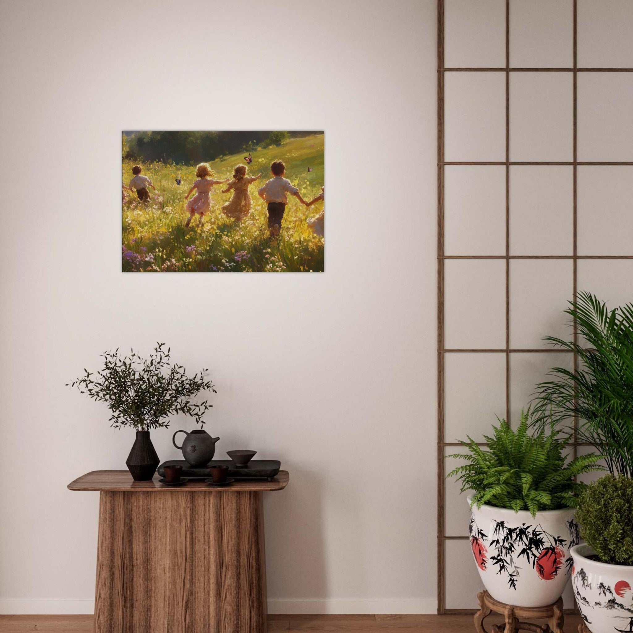 Canvas Landscape - Children Playing in a Meadow A sunlit country - Shop Ai Art WebShop - Digital Art online Store