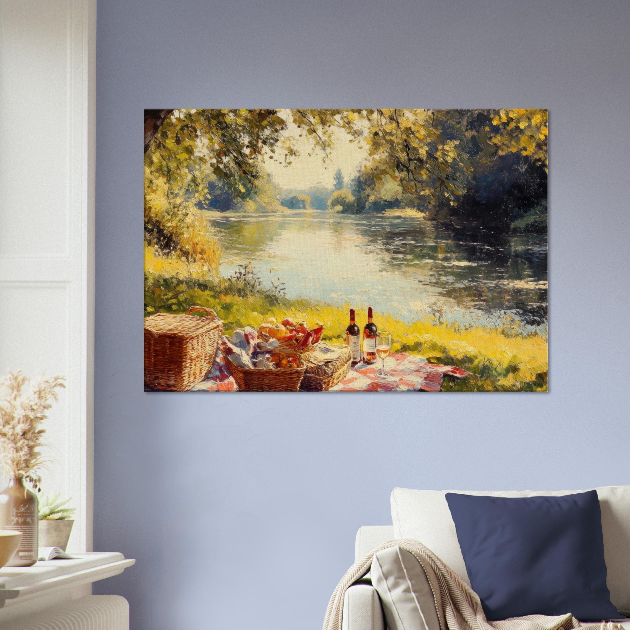 Canvas Landscape - Countryside Picnic by a River A lazy afternoon - Shop Ai Art WebShop - Digital Art online Store