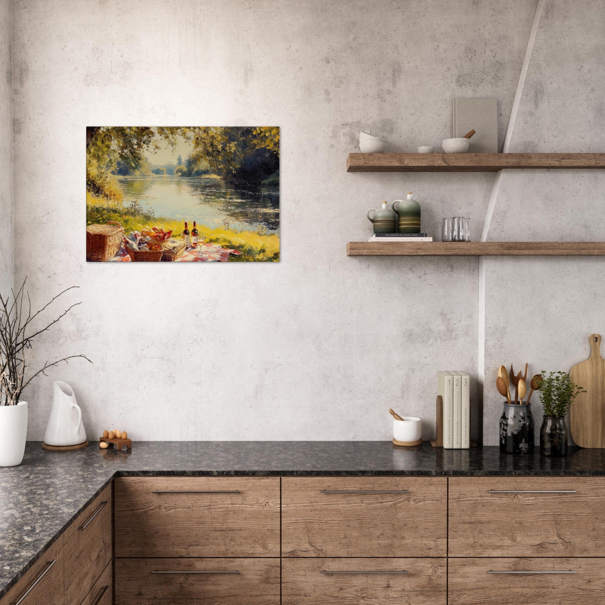Canvas Landscape - Countryside Picnic by a River A lazy afternoon - Shop Ai Art WebShop - Digital Art online Store