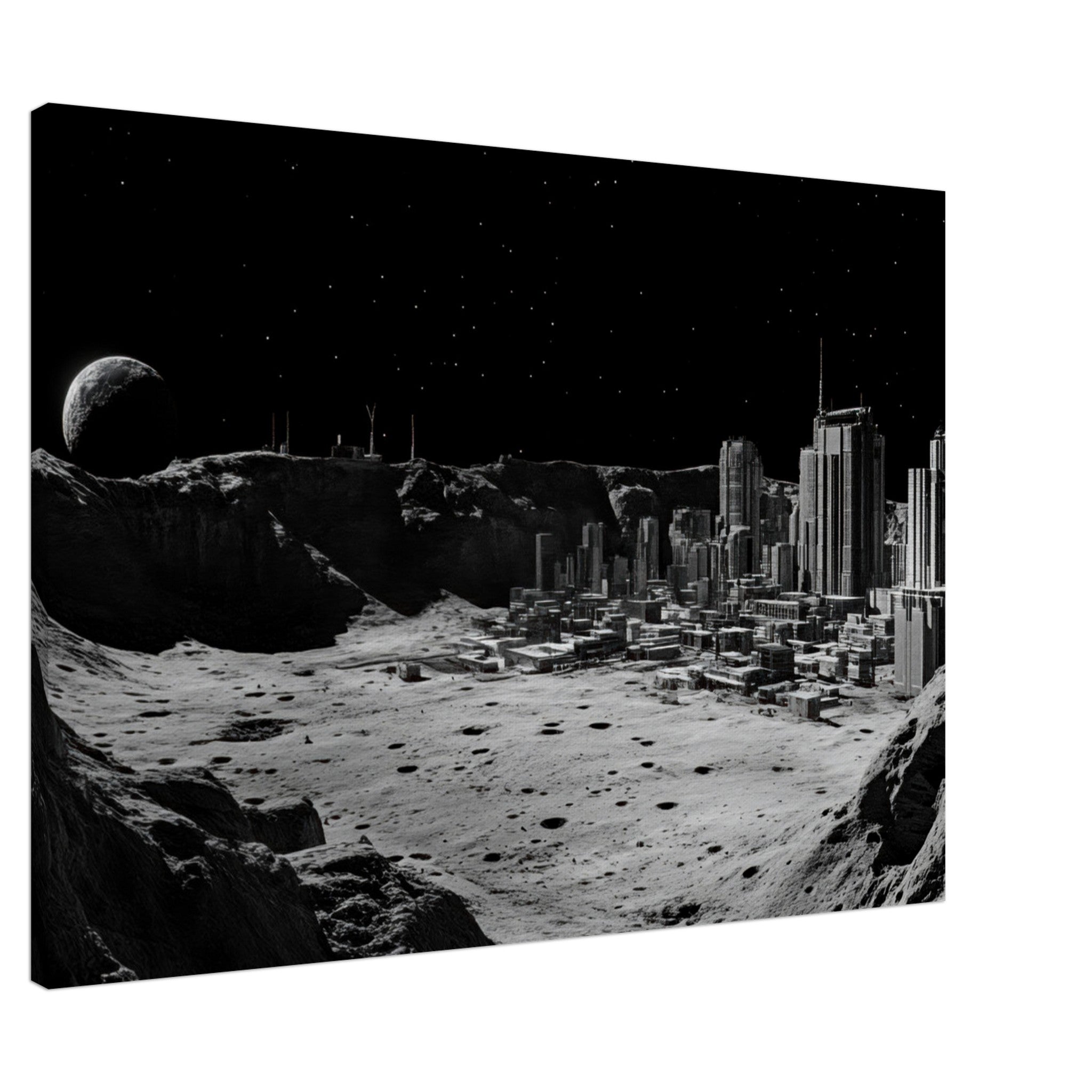 Canvas Landscape - Crater City on a Dead Moon A sprawling city built - Shop Ai Art WebShop - Digital Art online Store