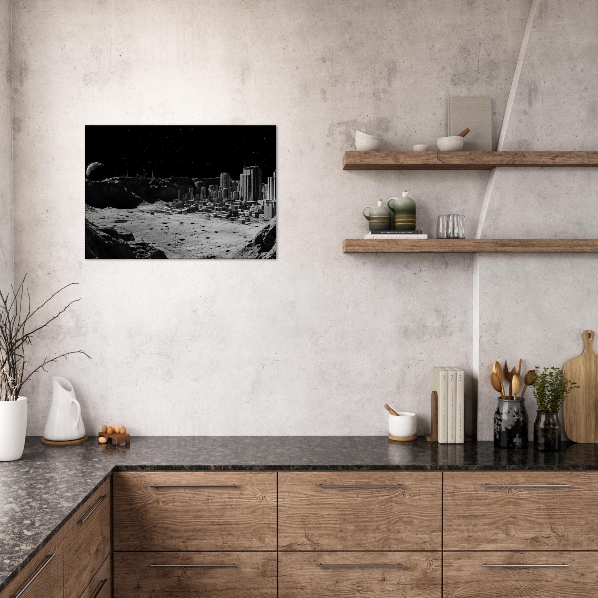Canvas Landscape - Crater City on a Dead Moon A sprawling city built - Shop Ai Art WebShop - Digital Art online Store