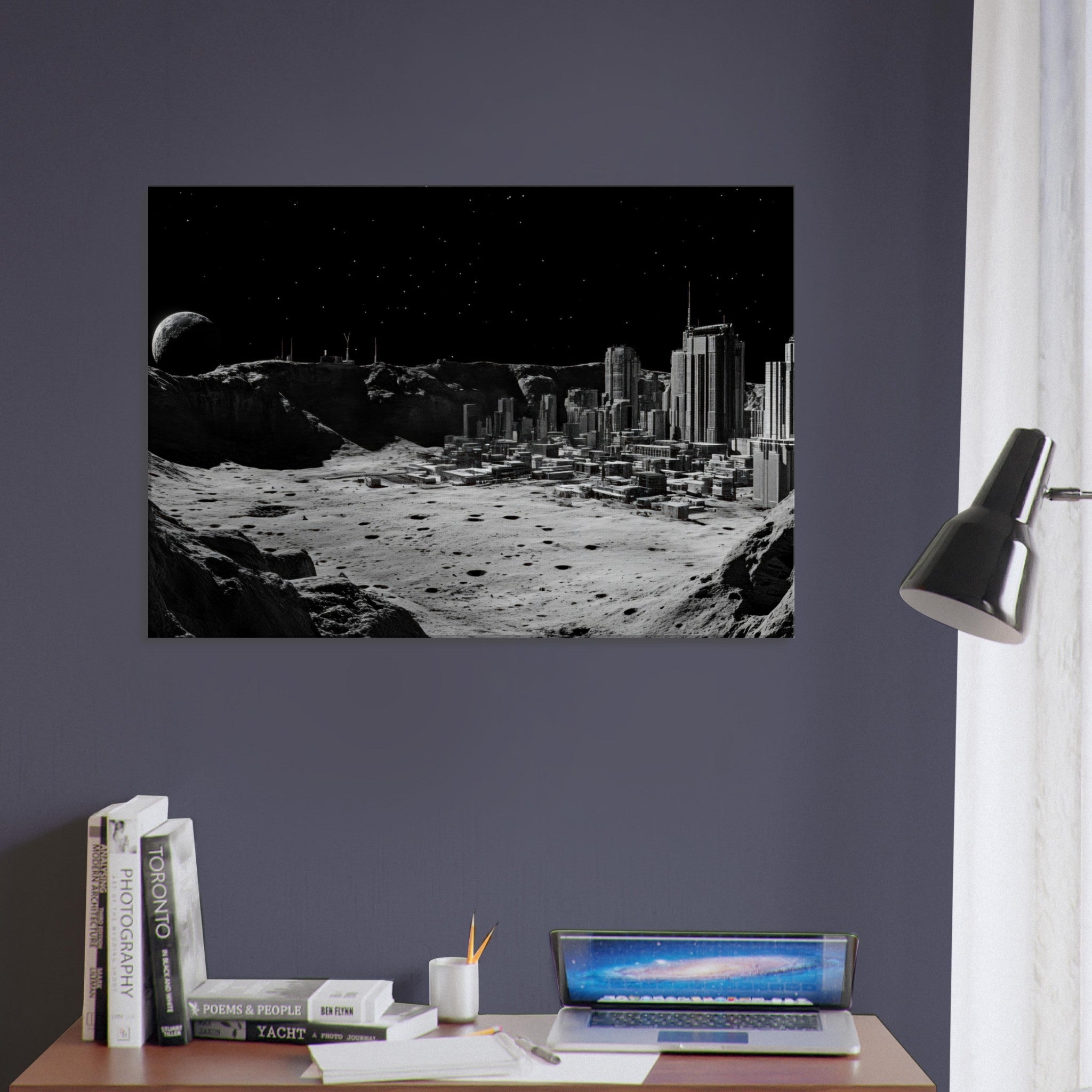 Canvas Landscape - Crater City on a Dead Moon A sprawling city built - Shop Ai Art WebShop - Digital Art online Store