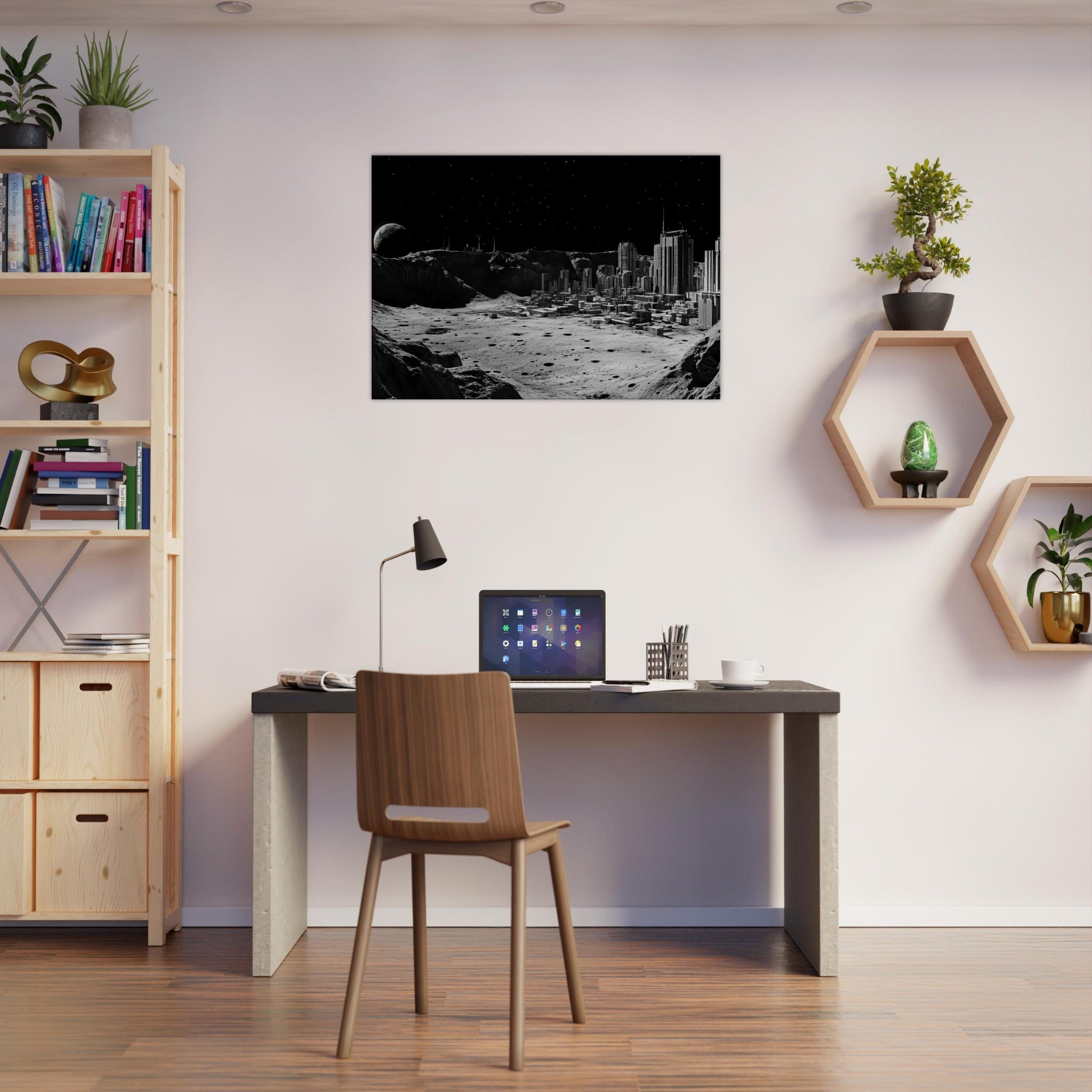 Canvas Landscape - Crater City on a Dead Moon A sprawling city built - Shop Ai Art WebShop - Digital Art online Store