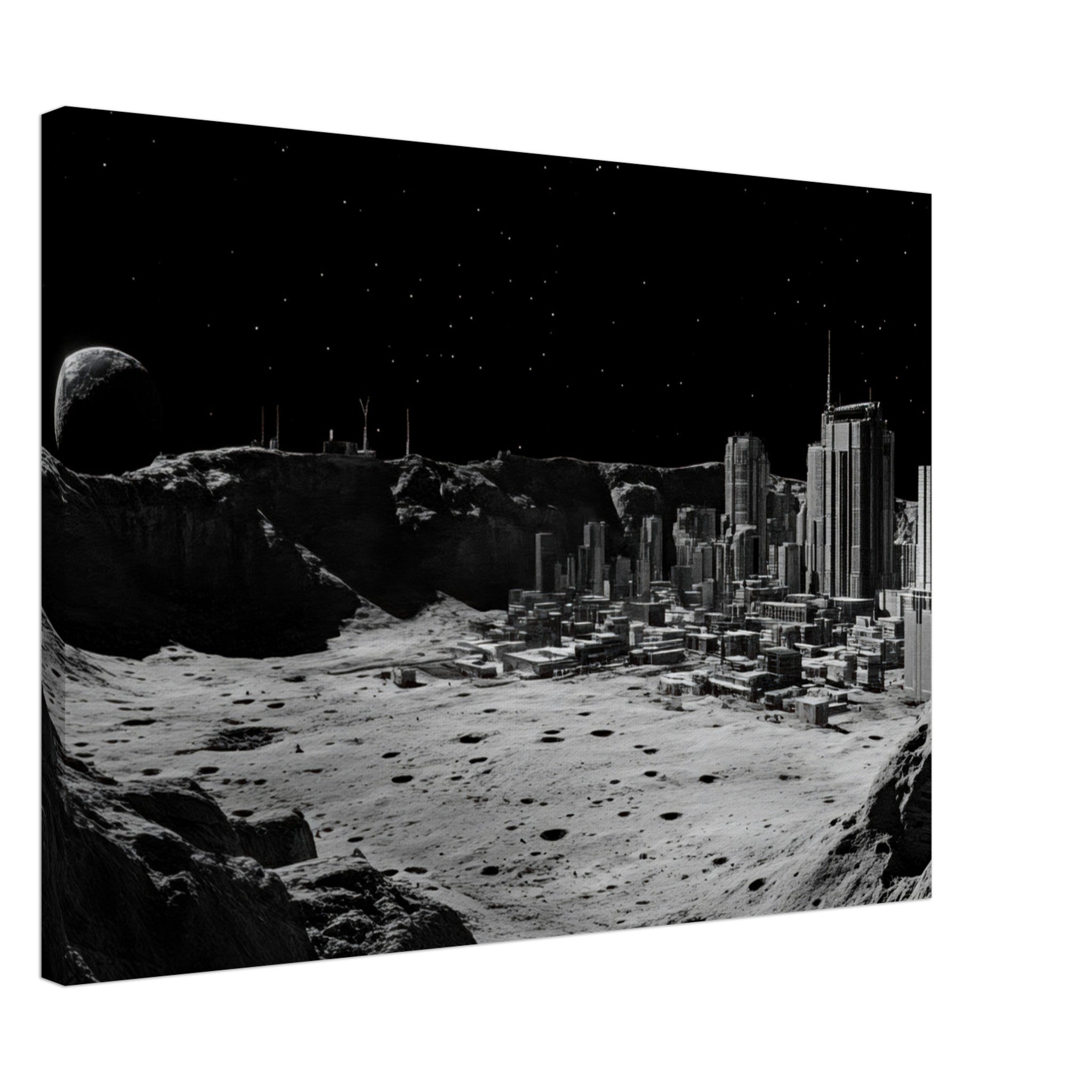 Canvas Landscape - Crater City on a Dead Moon A sprawling city built - Shop Ai Art WebShop - Digital Art online Store