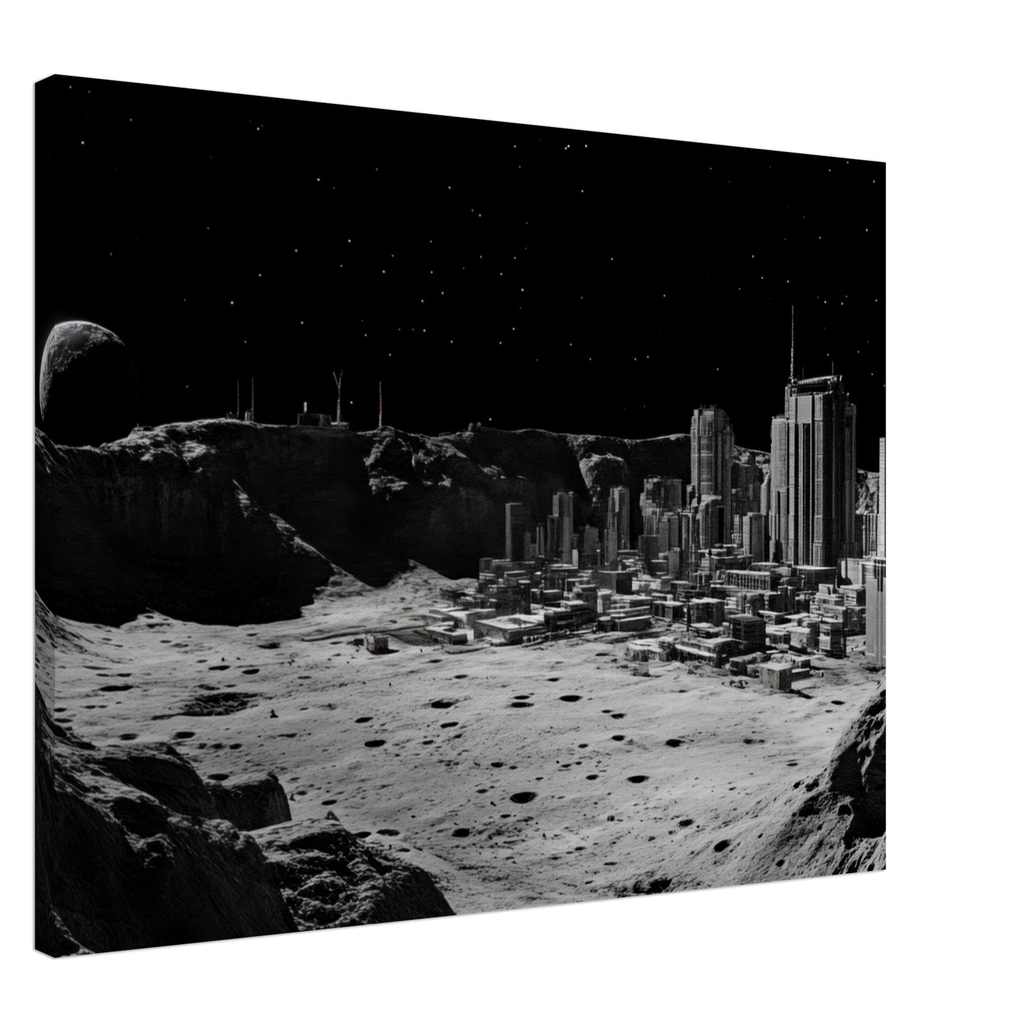 Canvas Landscape - Crater City on a Dead Moon A sprawling city built - Shop Ai Art WebShop - Digital Art online Store
