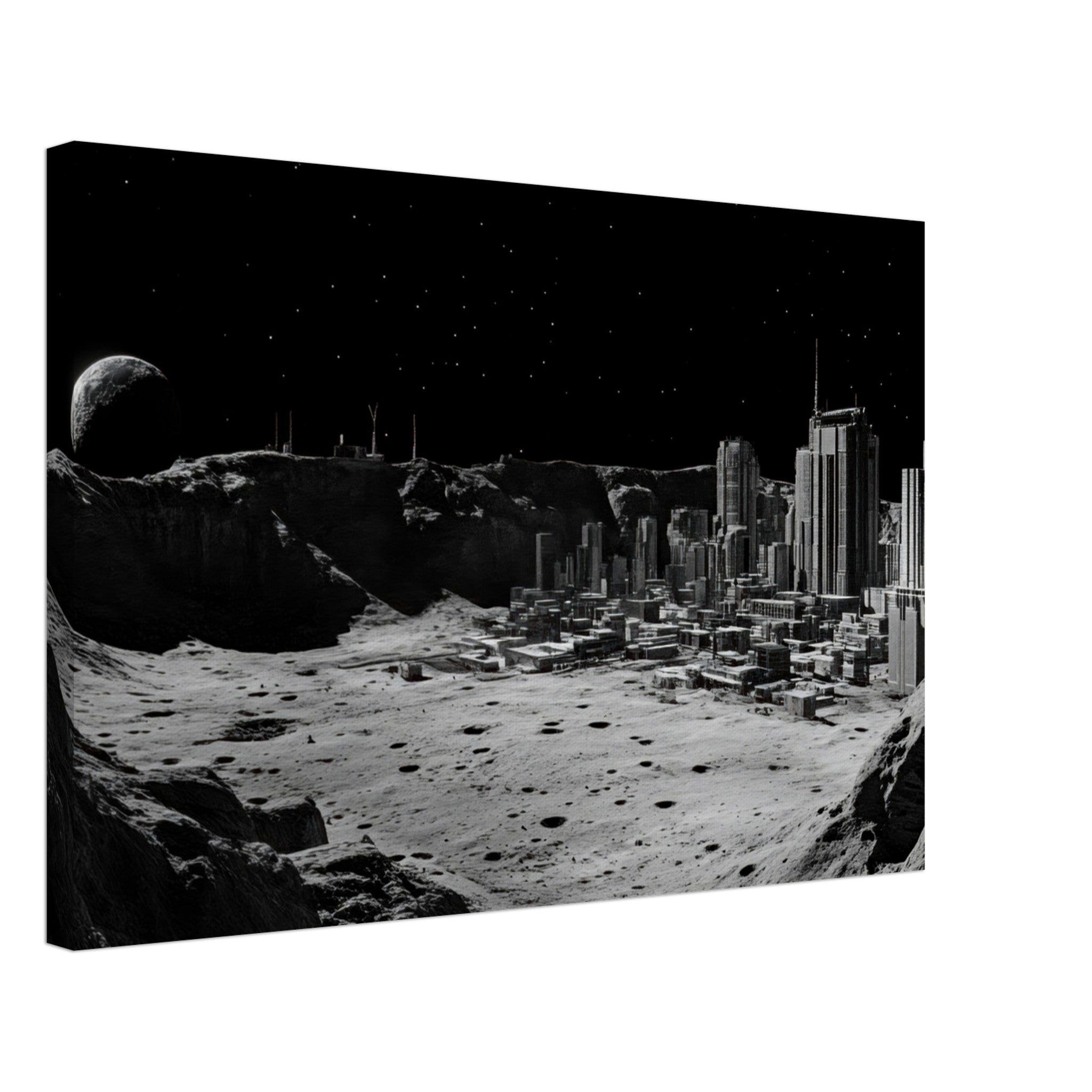 Canvas Landscape - Crater City on a Dead Moon A sprawling city built - Shop Ai Art WebShop - Digital Art online Store