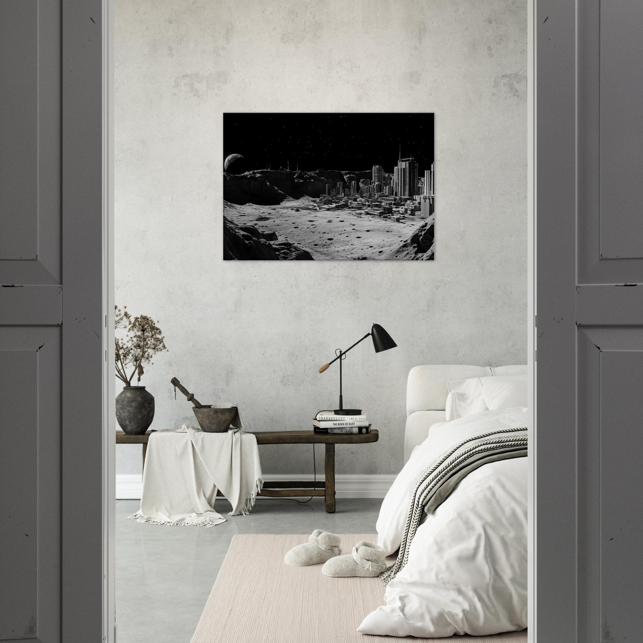 Canvas Landscape - Crater City on a Dead Moon A sprawling city built - Shop Ai Art WebShop - Digital Art online Store